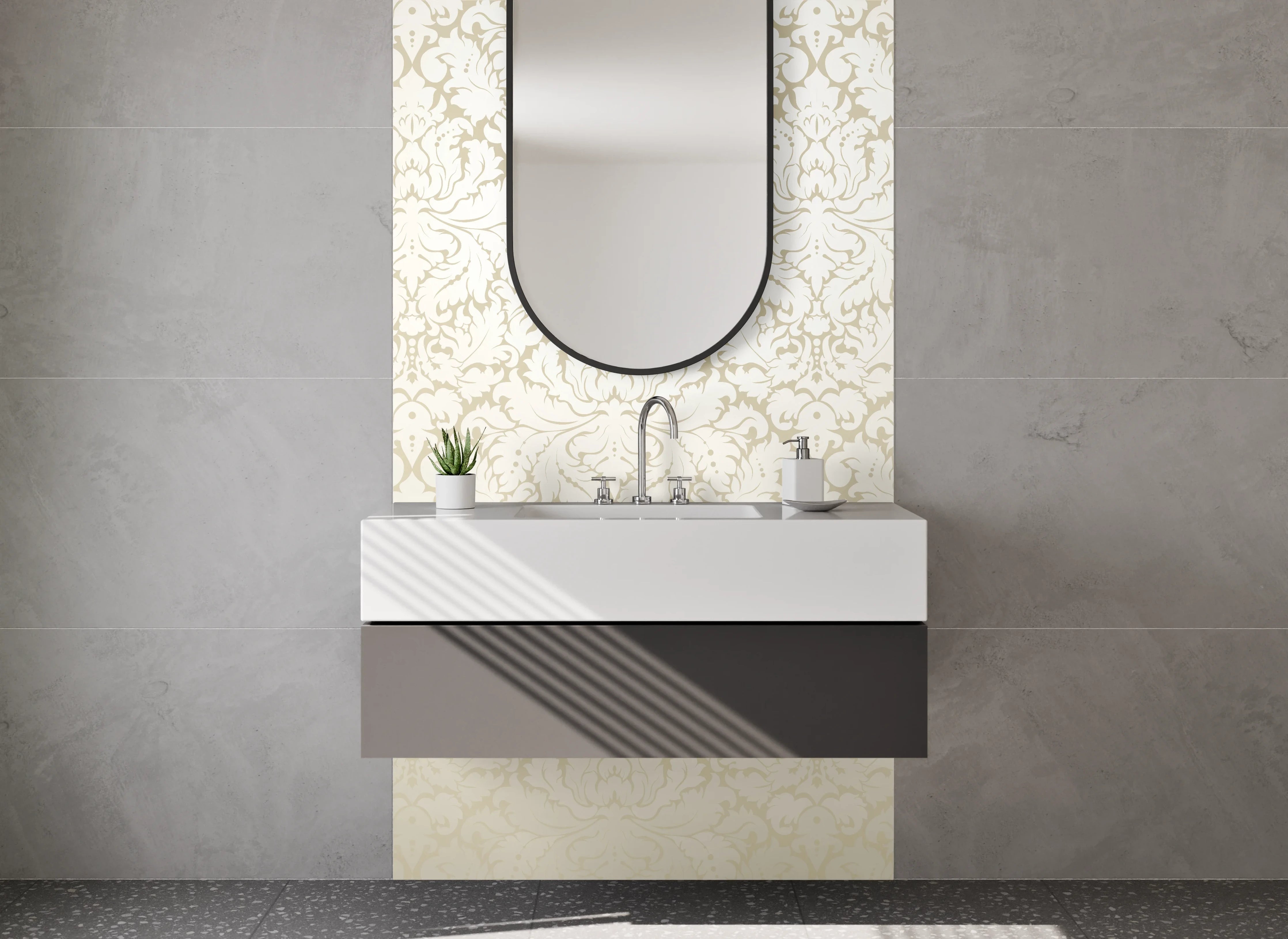 Waschbecken-Rückwand - Beige Damast Muster elegant