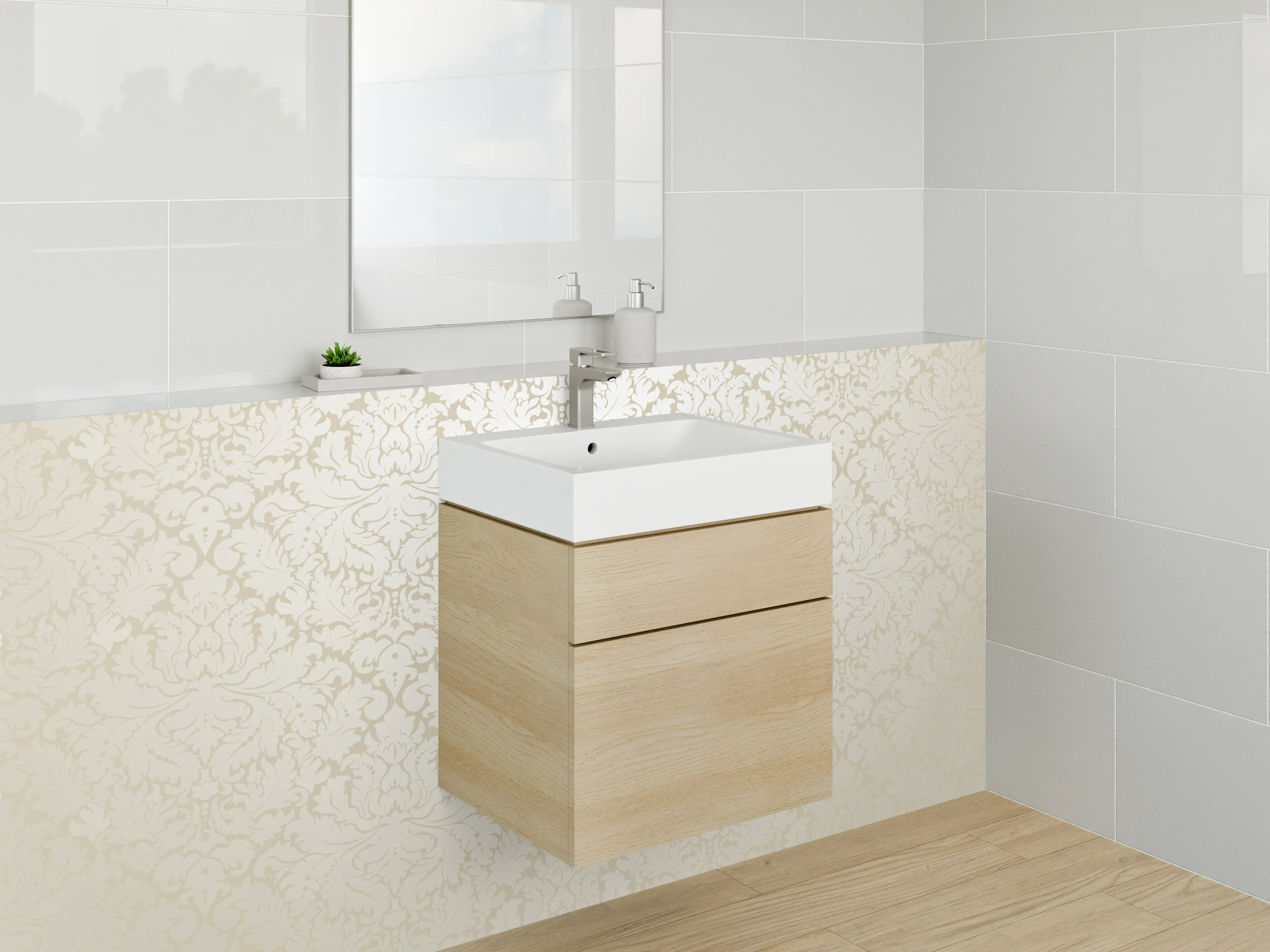 Waschbecken-Rückwand - Beige Damast Muster elegant