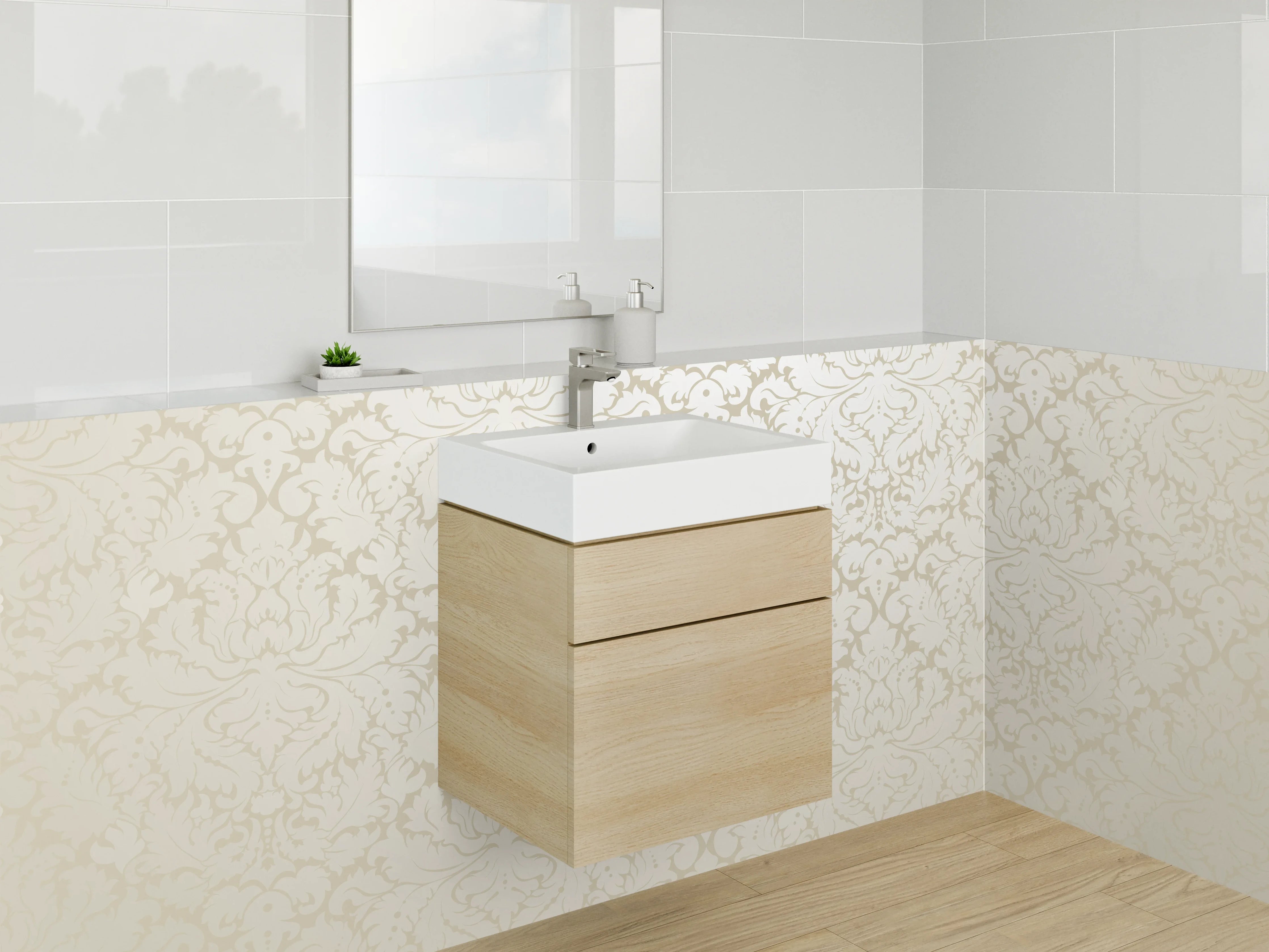 Waschbecken-Rückwand - Beige Damast Muster elegant