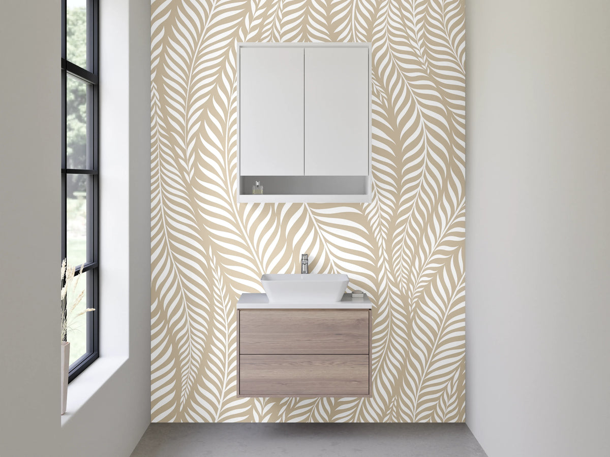 Waschbecken-Rückwand - Beige-Graue Blätterharmonie auf Weiß