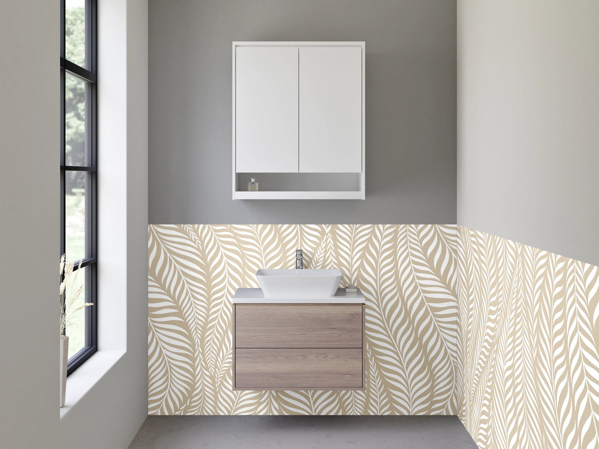 Waschbecken-Rückwand - Beige-Graue Blätterharmonie auf Weiß