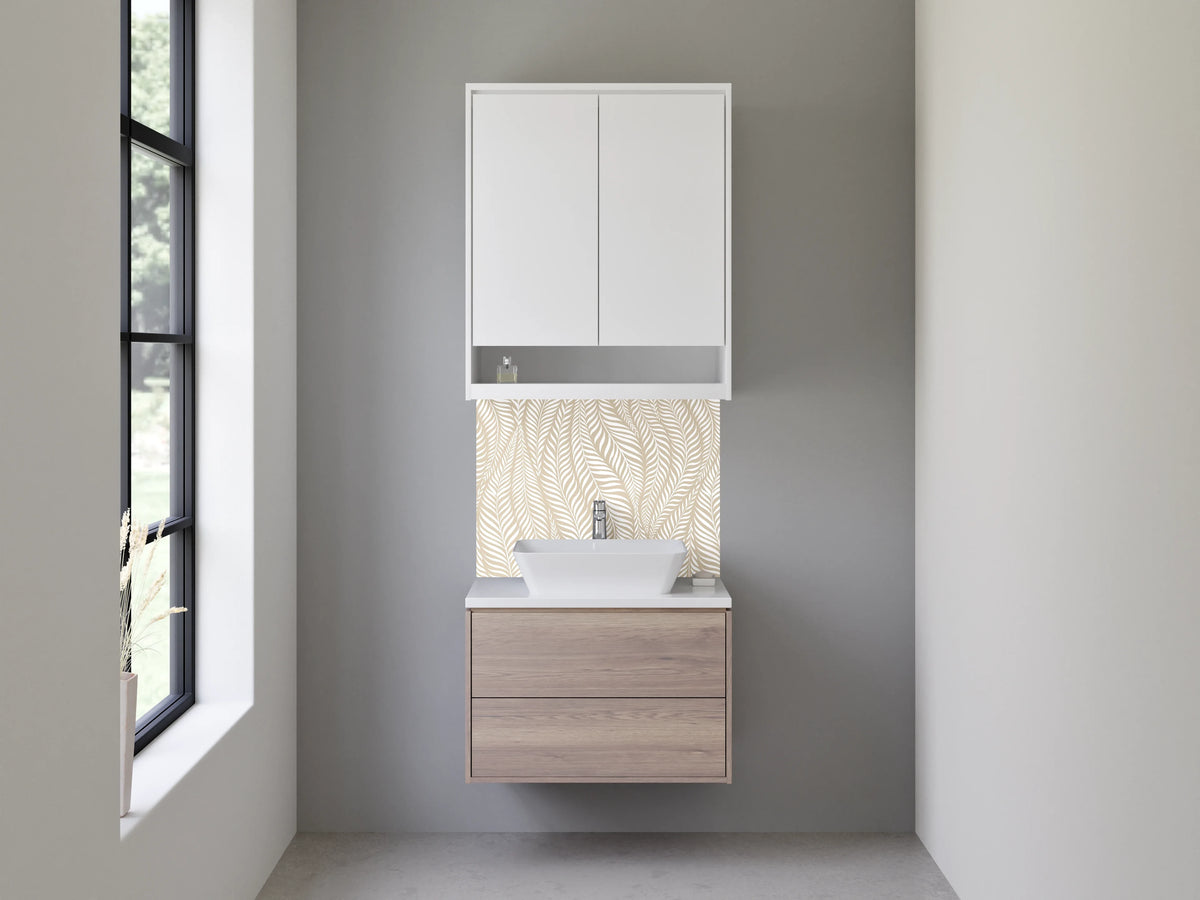Waschbecken-Rückwand - Beige-Graue Blätterharmonie auf Weiß