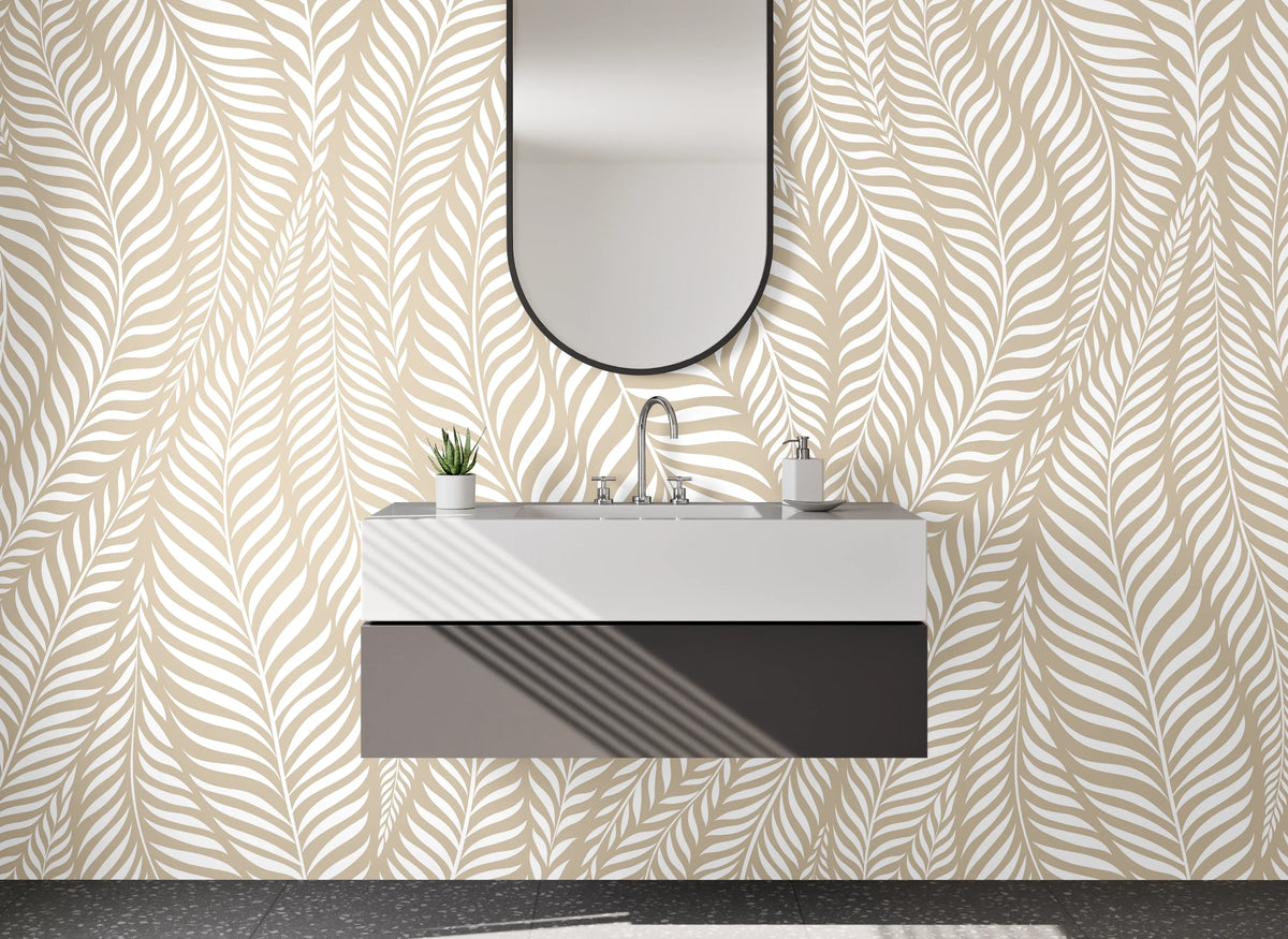 Waschbecken-Rückwand - Beige-Graue Blätterharmonie auf Weiß