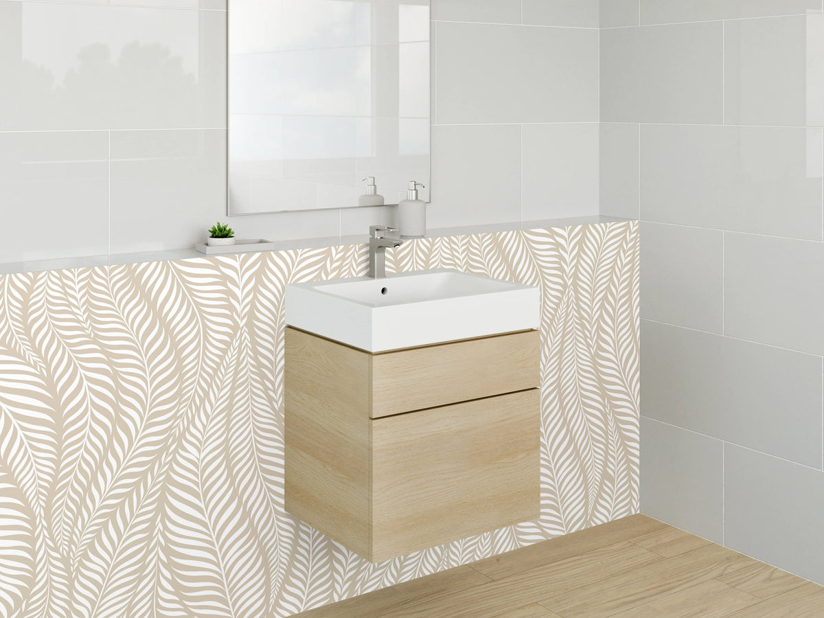 Waschbecken-Rückwand - Beige-Graue Blätterharmonie auf Weiß