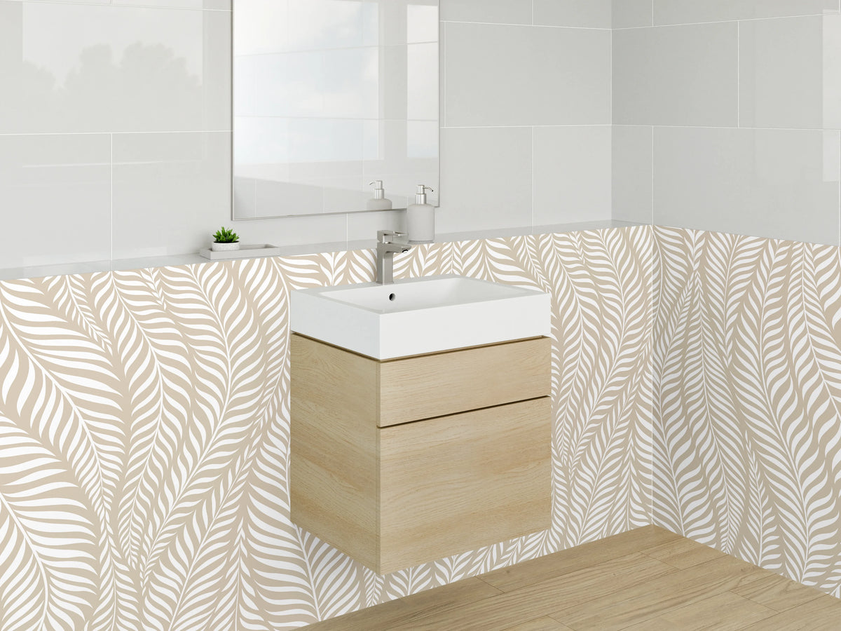 Waschbecken-Rückwand - Beige-Graue Blätterharmonie auf Weiß