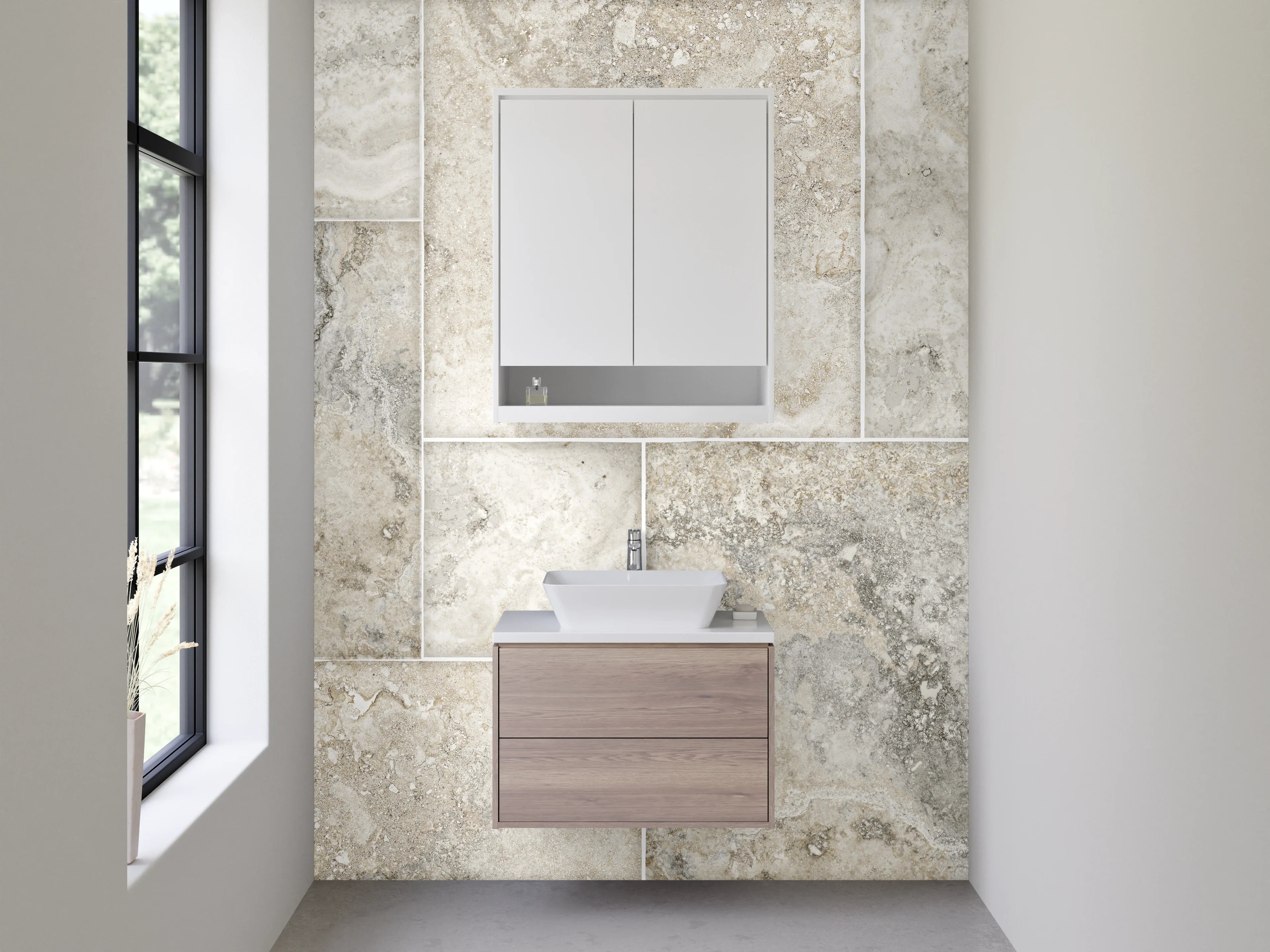 Waschbecken-Rückwand - Beige-Graue Marmoroptik Fliesenrückwand
