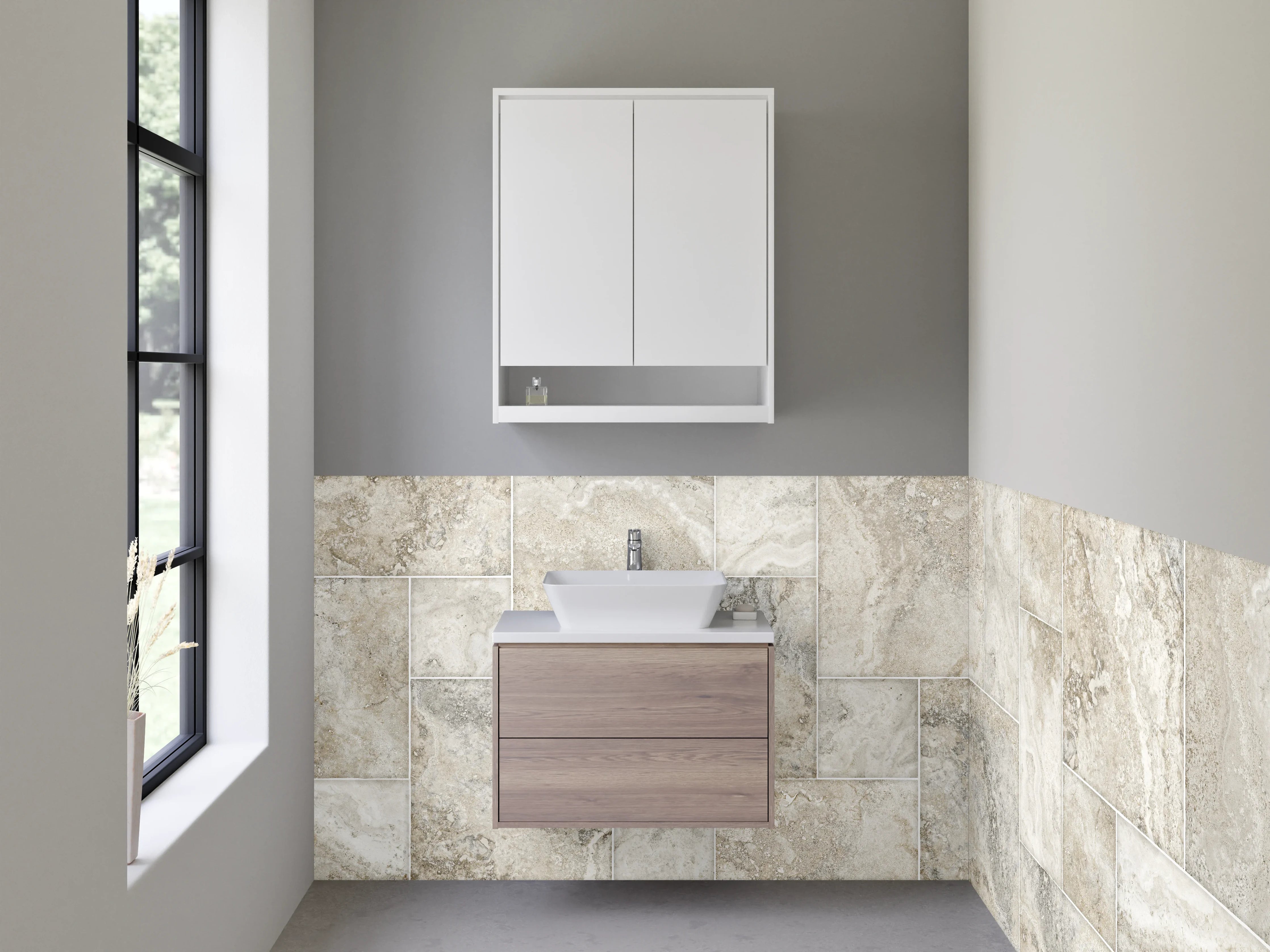 Waschbecken-Rückwand - Beige-Graue Marmoroptik Fliesenrückwand