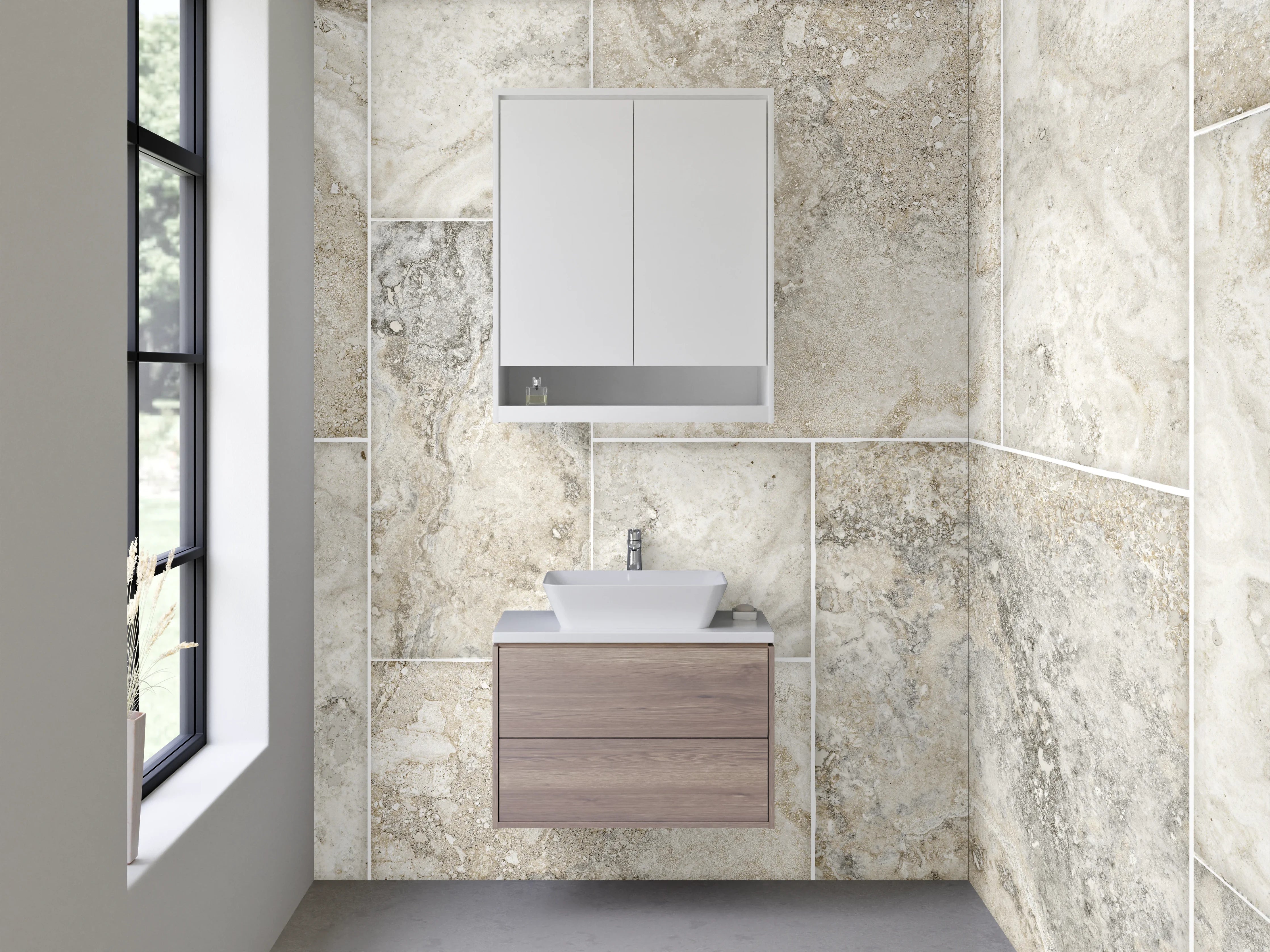 Waschbecken-Rückwand - Beige-Graue Marmoroptik Fliesenrückwand