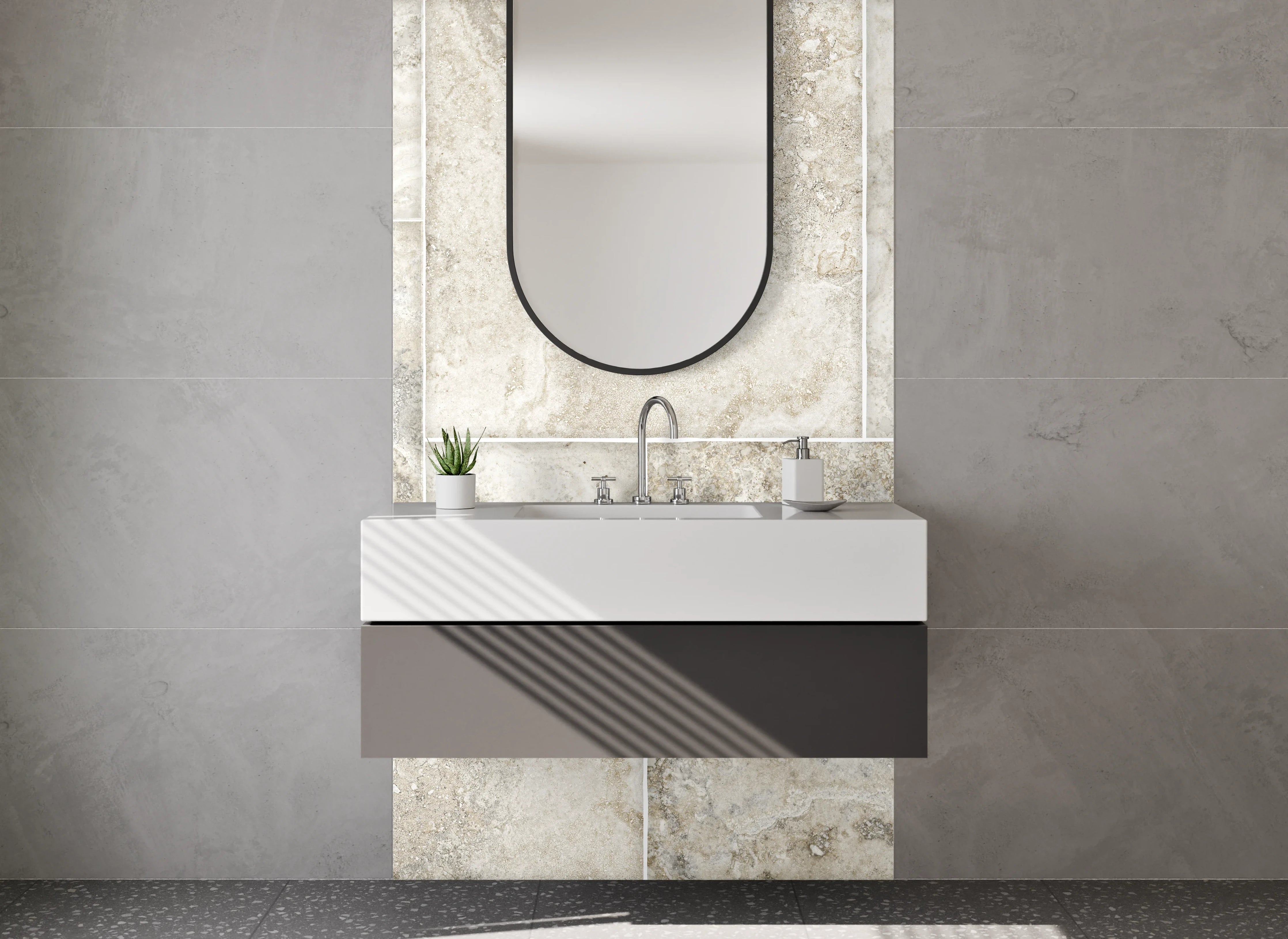 Waschbecken-Rückwand - Beige-Graue Marmoroptik Fliesenrückwand