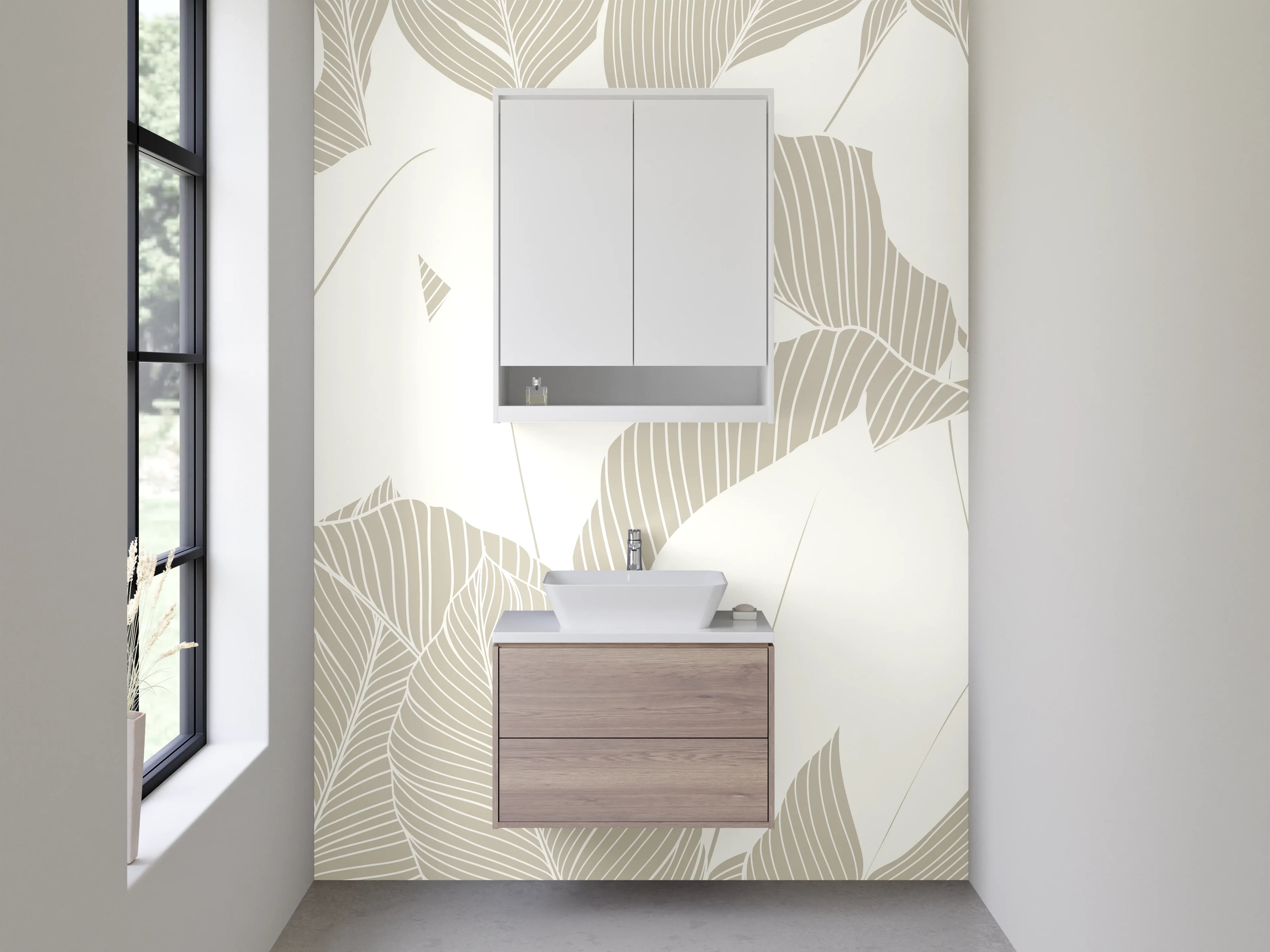 Waschbecken-Rückwand - Beige Lineart Blätter Naturmuster