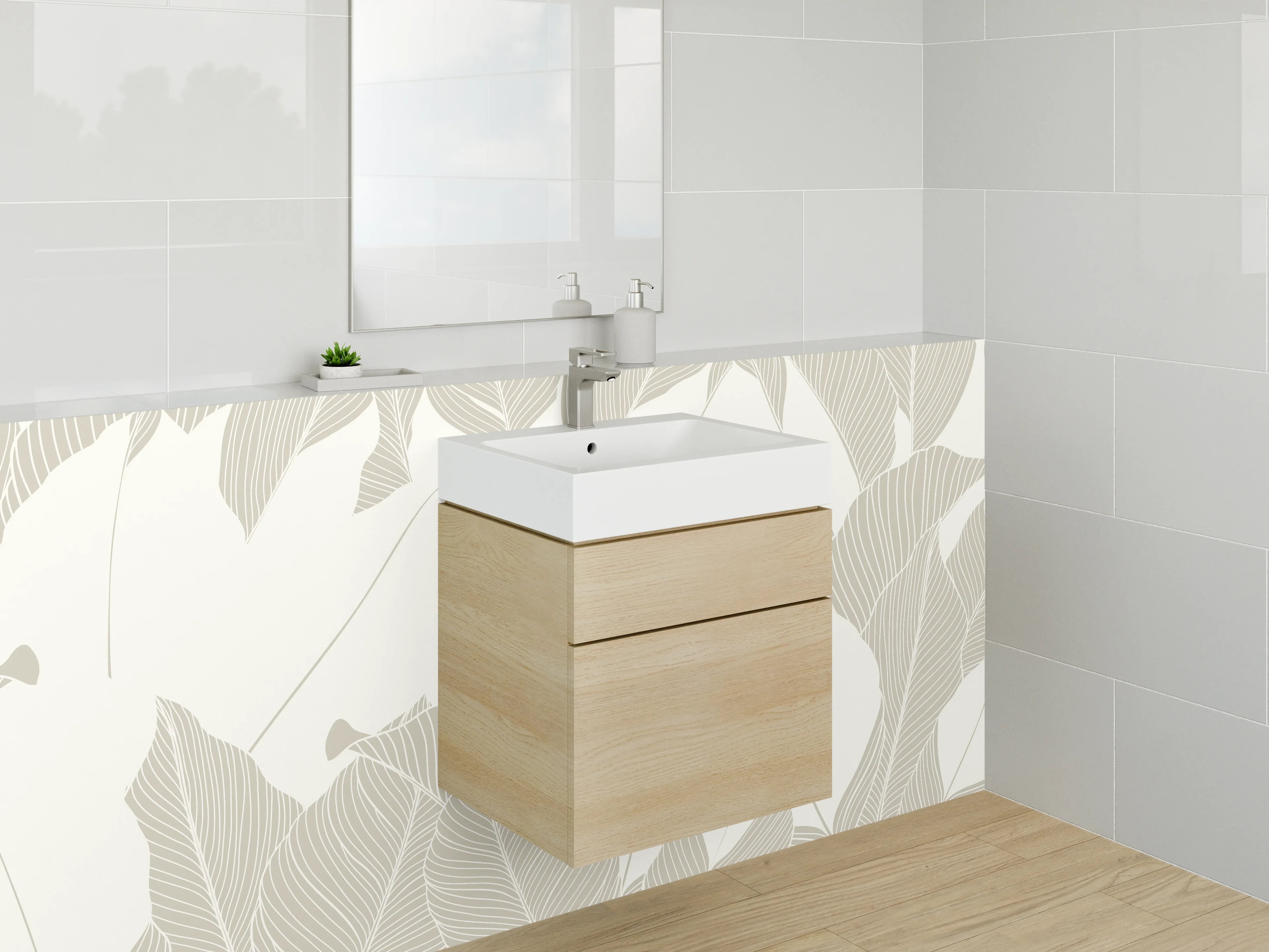 Waschbecken-Rückwand - Beige Lineart Blätter Naturmuster
