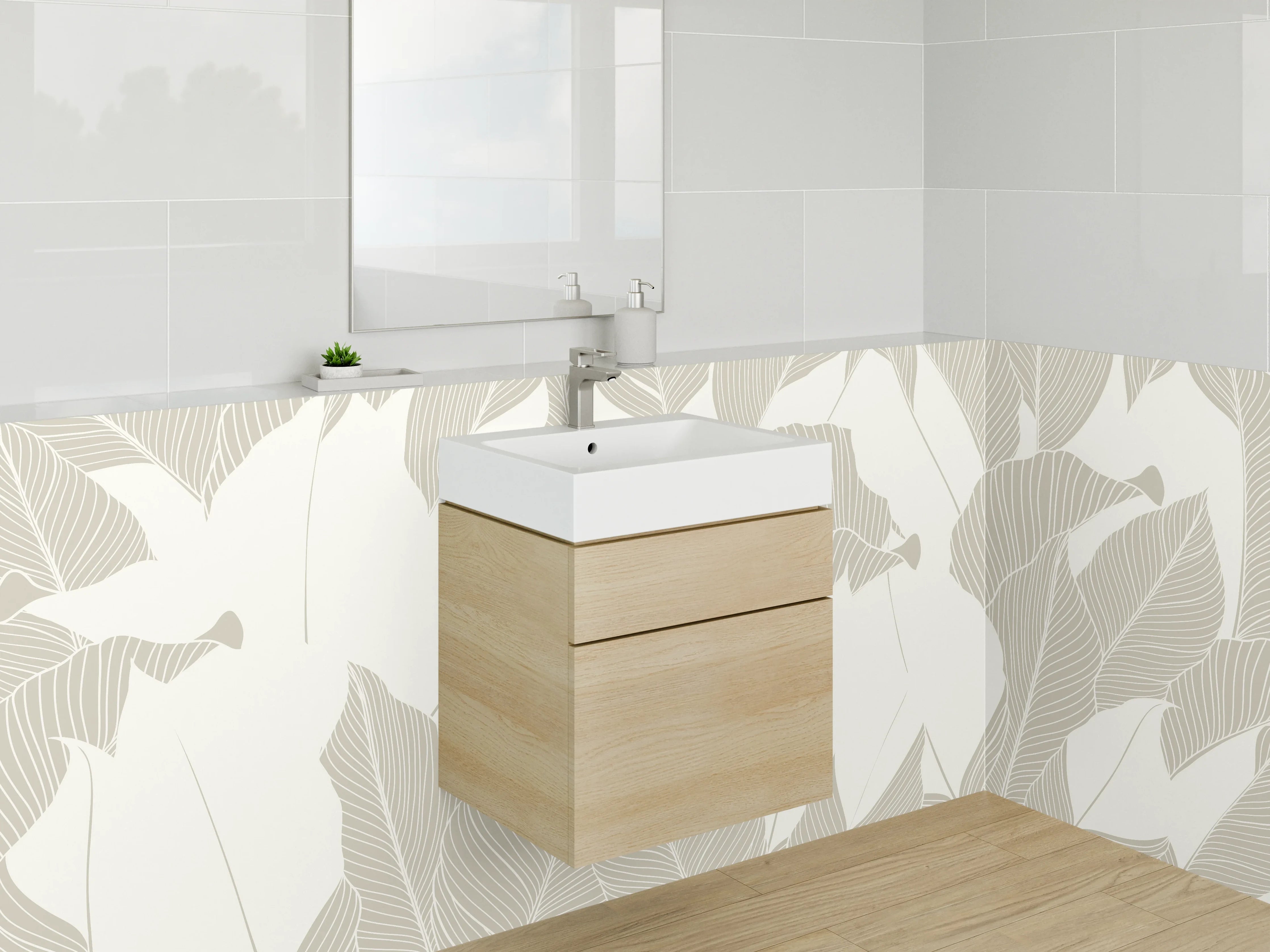 Waschbecken-Rückwand - Beige Lineart Blätter Naturmuster