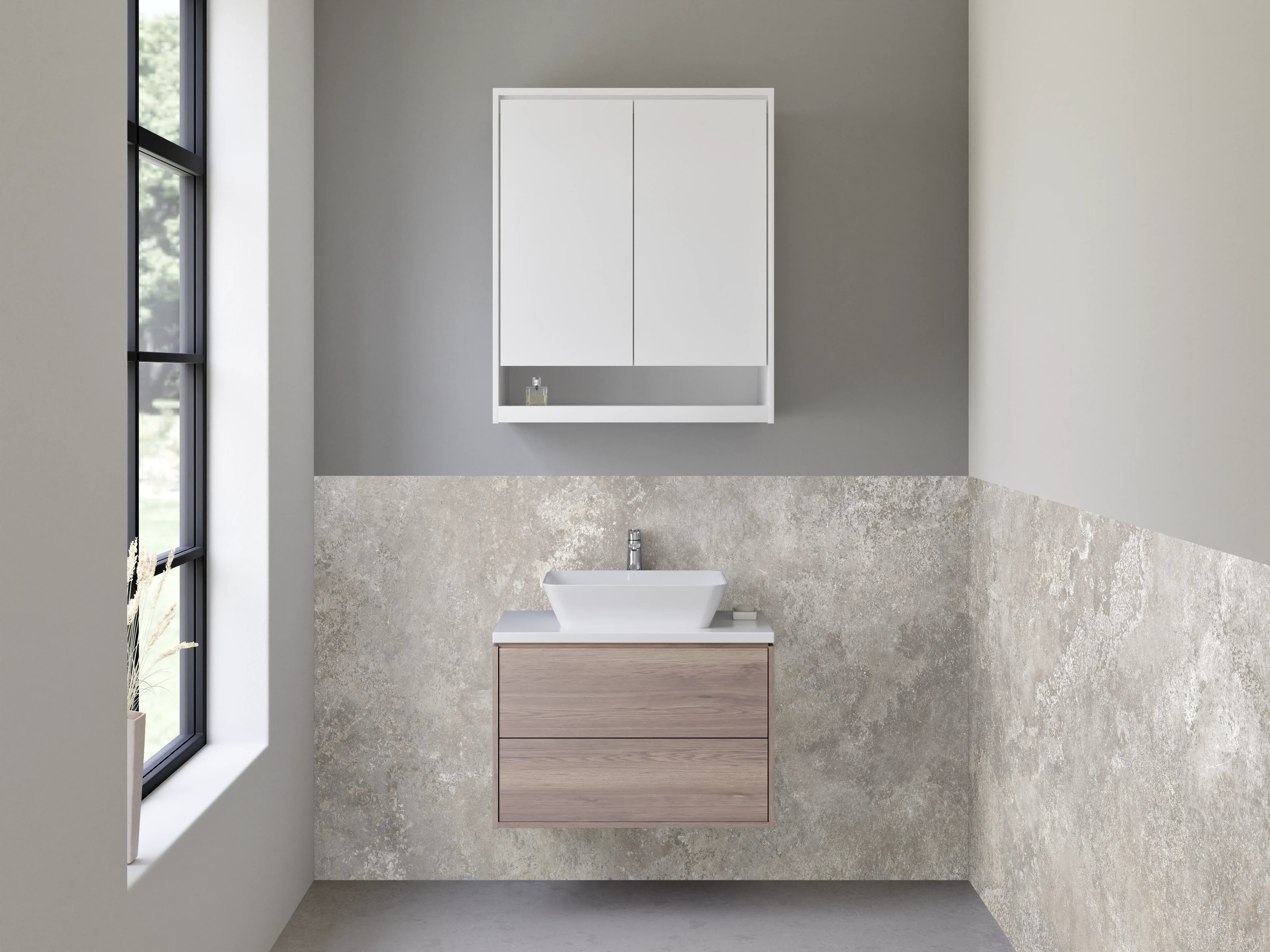 Waschbecken-Rückwand - Beige Steinwand mit texturierter Oberfläche