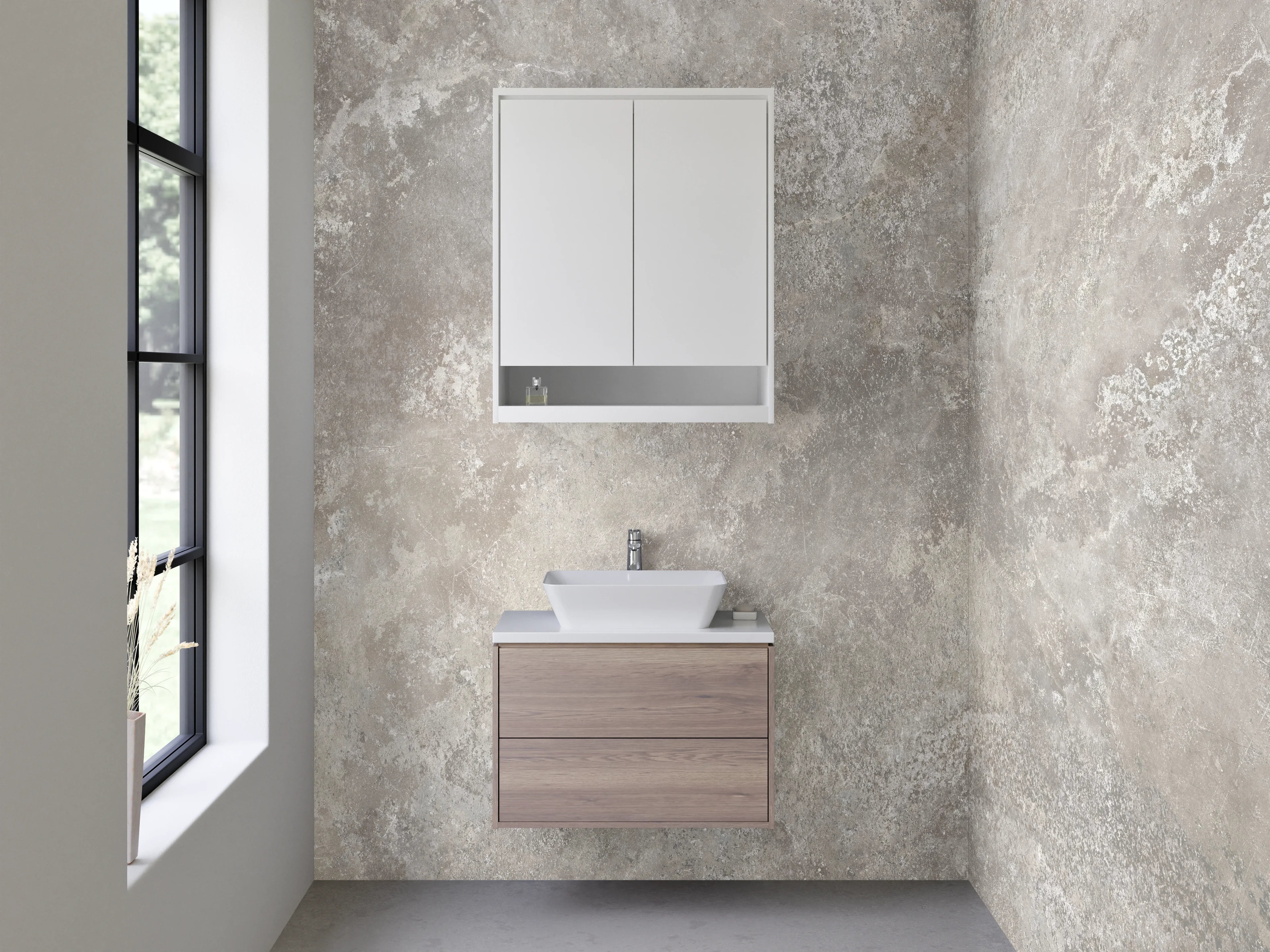 Waschbecken-Rückwand - Beige Steinwand mit texturierter Oberfläche
