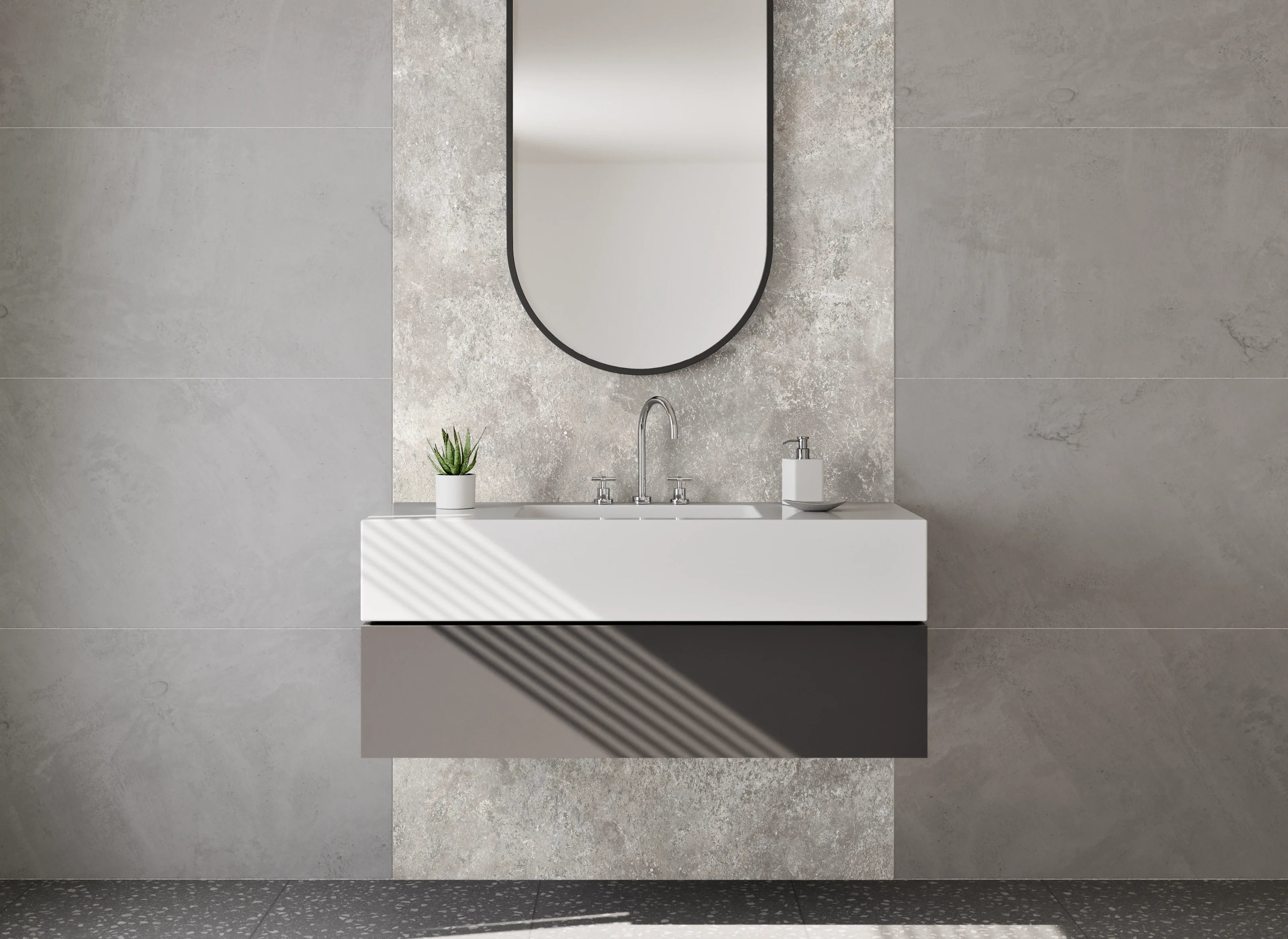 Waschbecken-Rückwand - Beige Steinwand mit texturierter Oberfläche