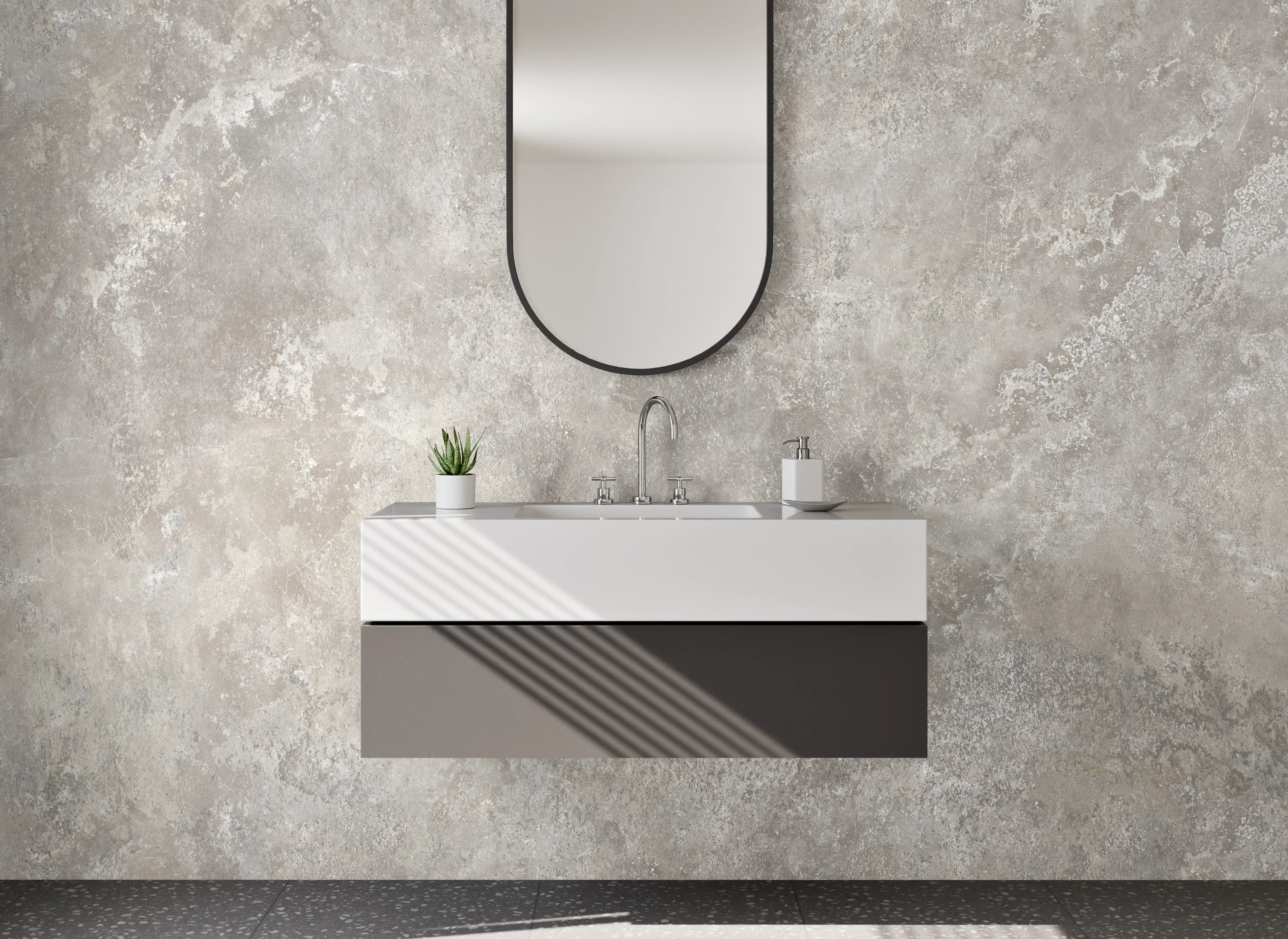 Waschbecken-Rückwand - Beige Steinwand mit texturierter Oberfläche