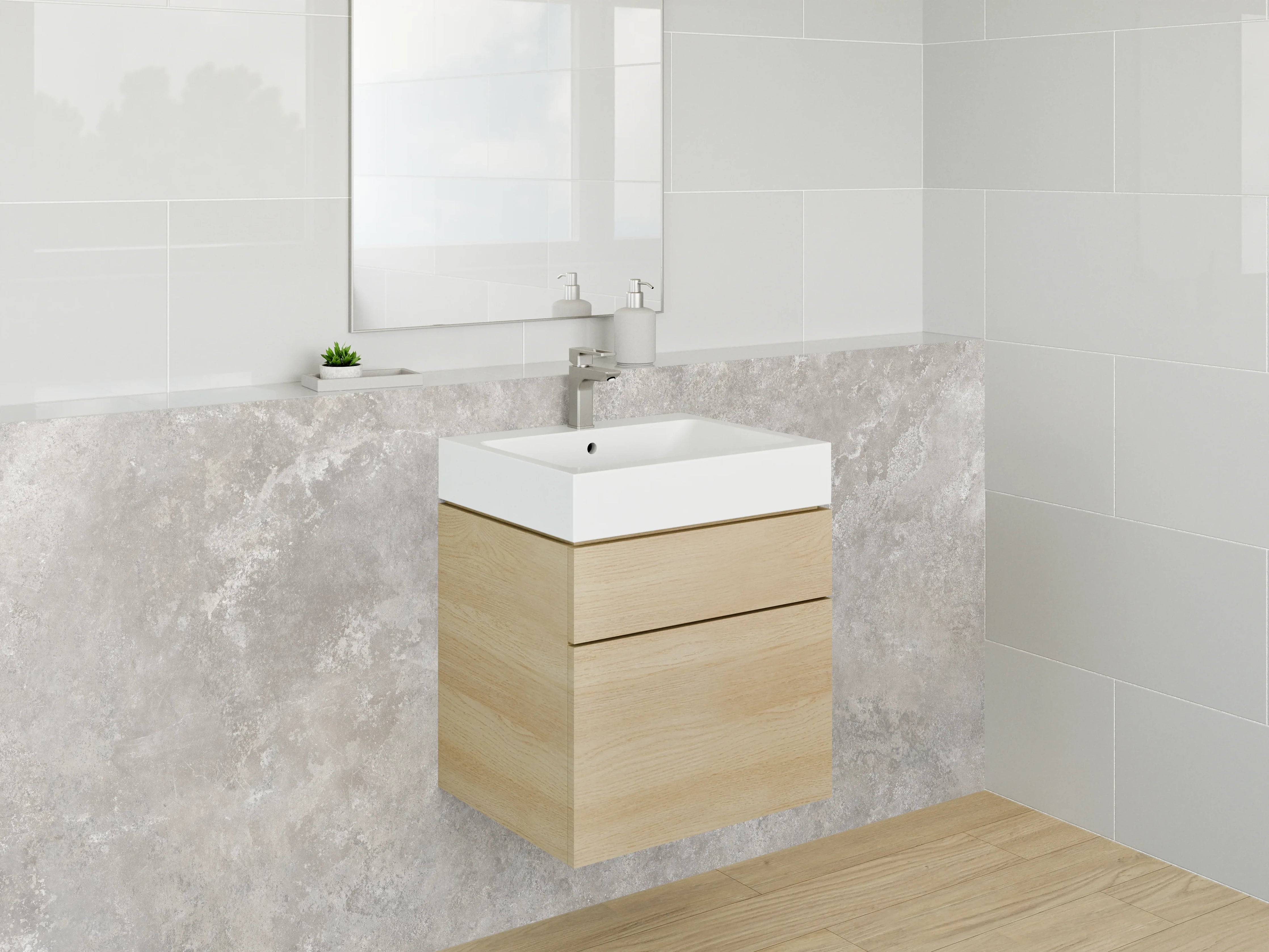 Waschbecken-Rückwand - Beige Steinwand mit texturierter Oberfläche