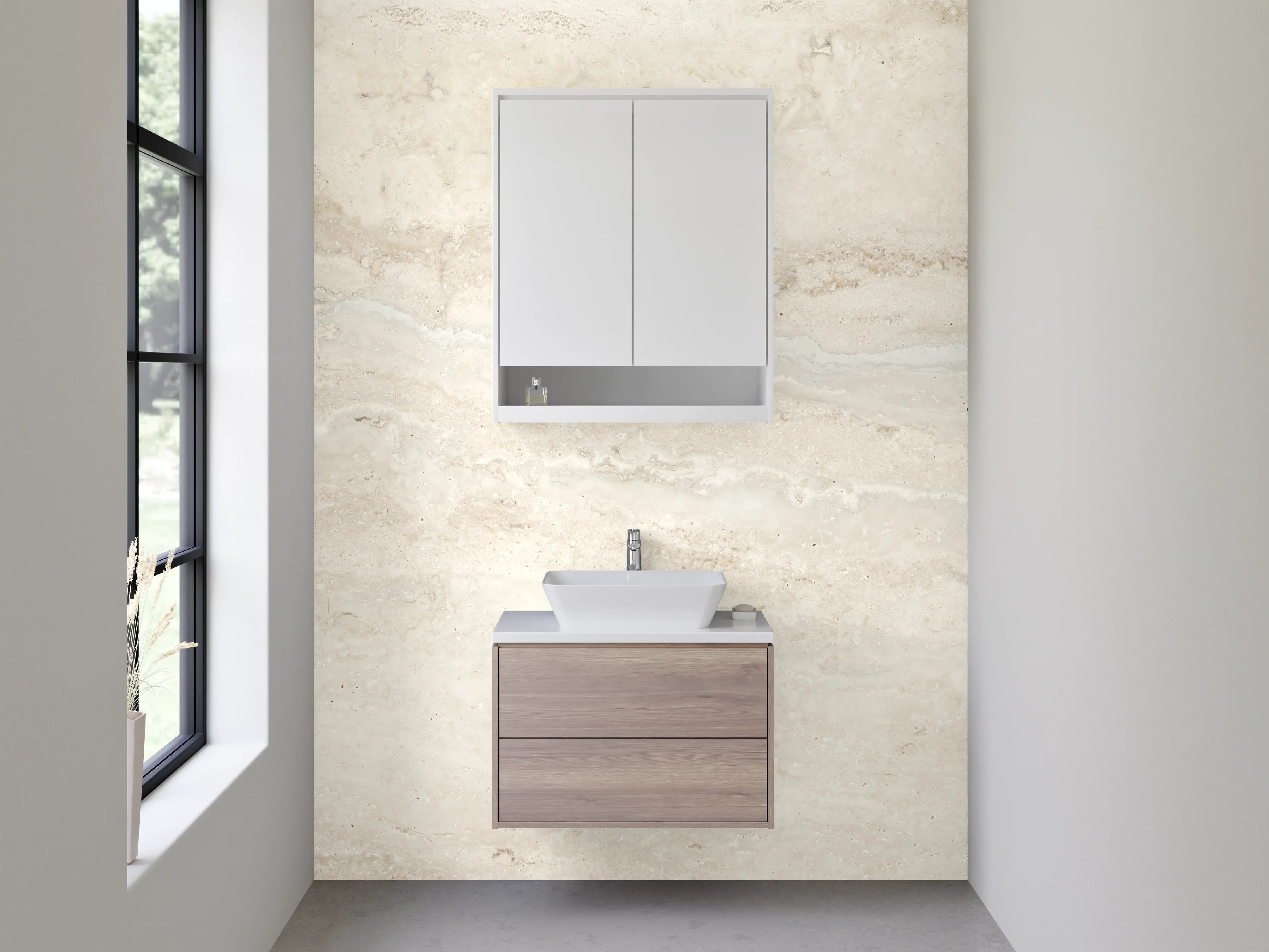 Waschbecken-Rückwand - Beige-Weiße Travertin Marmoroptik