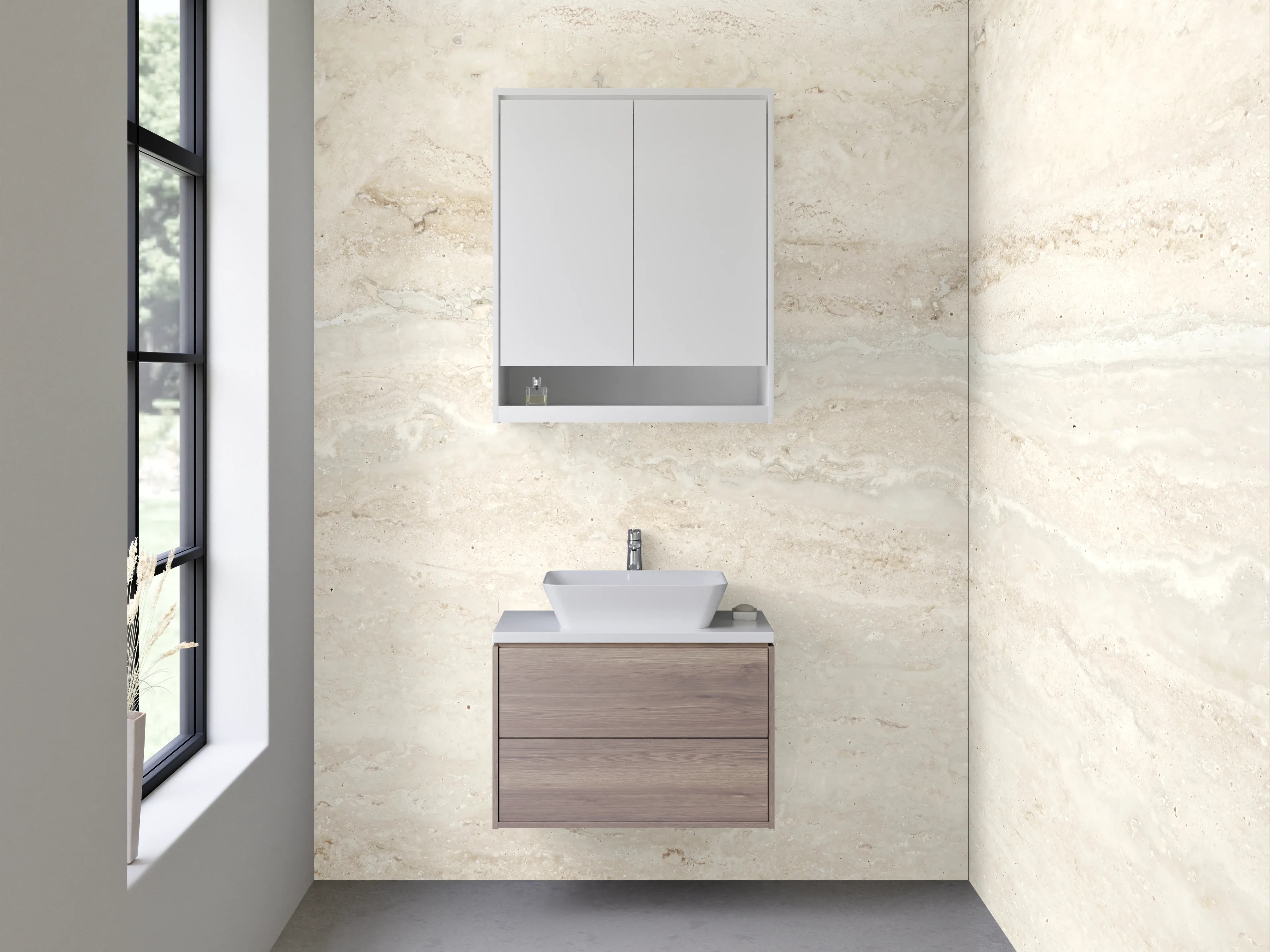 Waschbecken-Rückwand - Beige-Weiße Travertin Marmoroptik