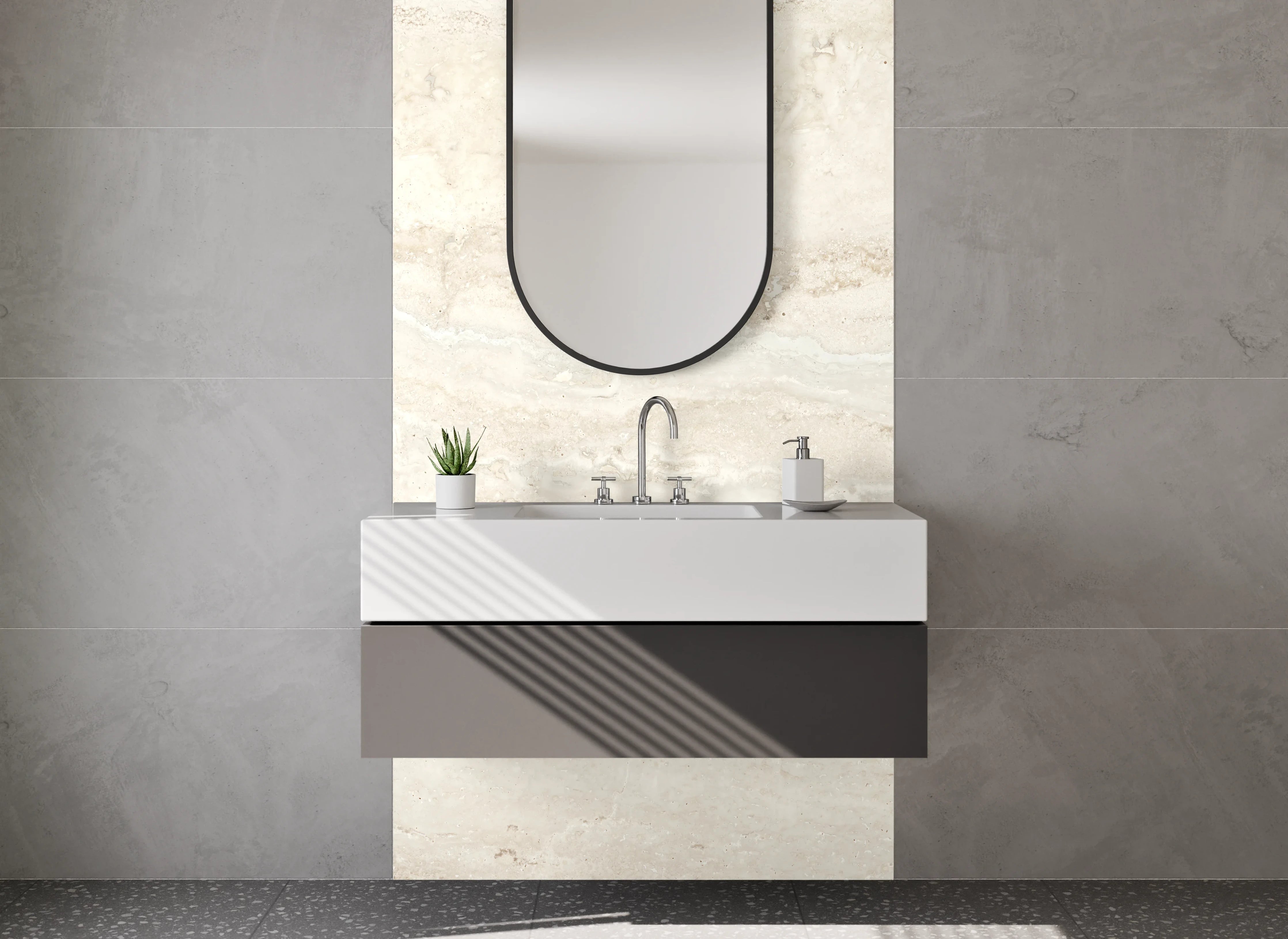 Waschbecken-Rückwand - Beige-Weiße Travertin Marmoroptik