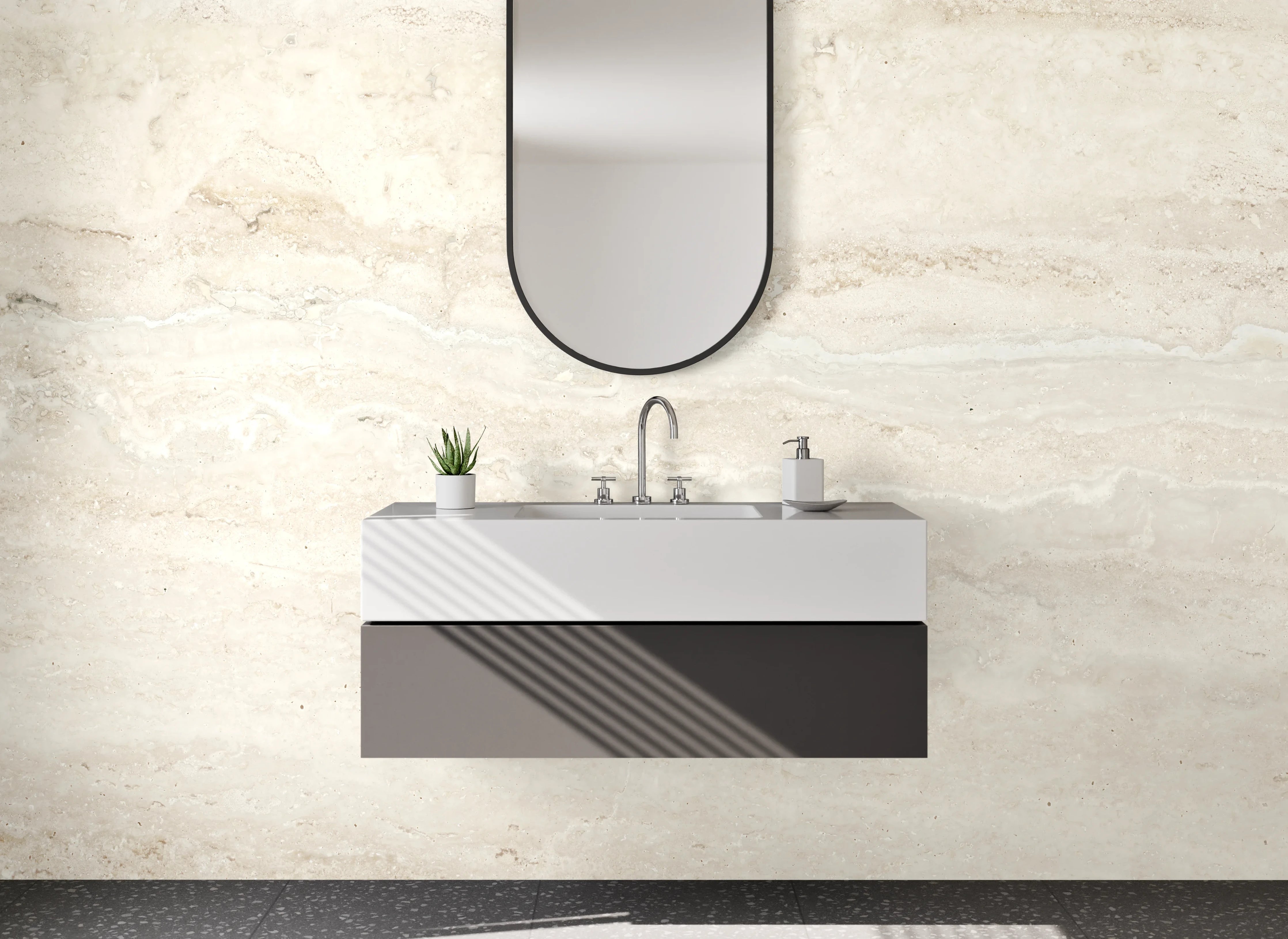 Waschbecken-Rückwand - Beige-Weiße Travertin Marmoroptik