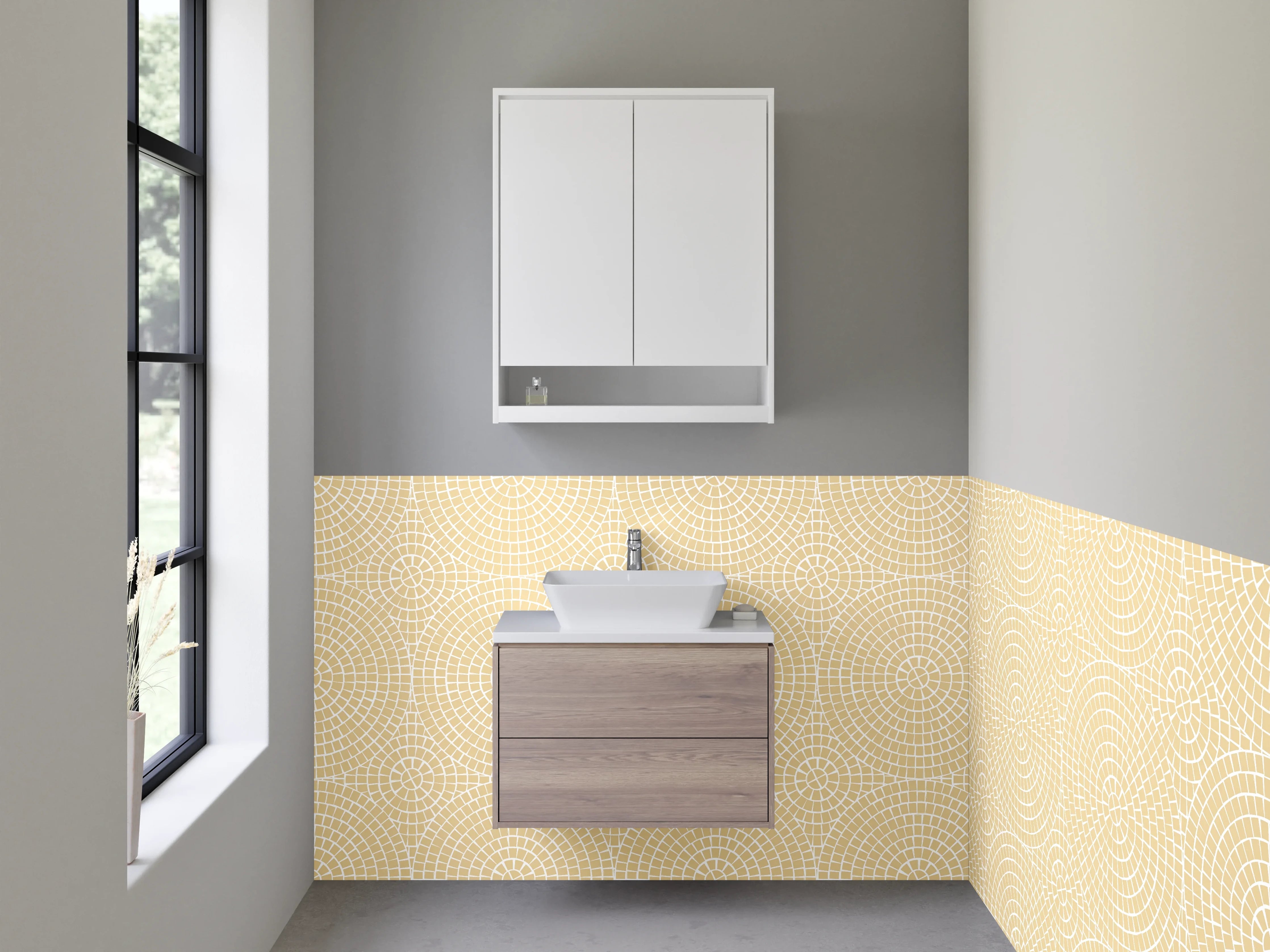 Waschbecken-Rückwand - Beige geometrische Musterwand mit subtiler Textur