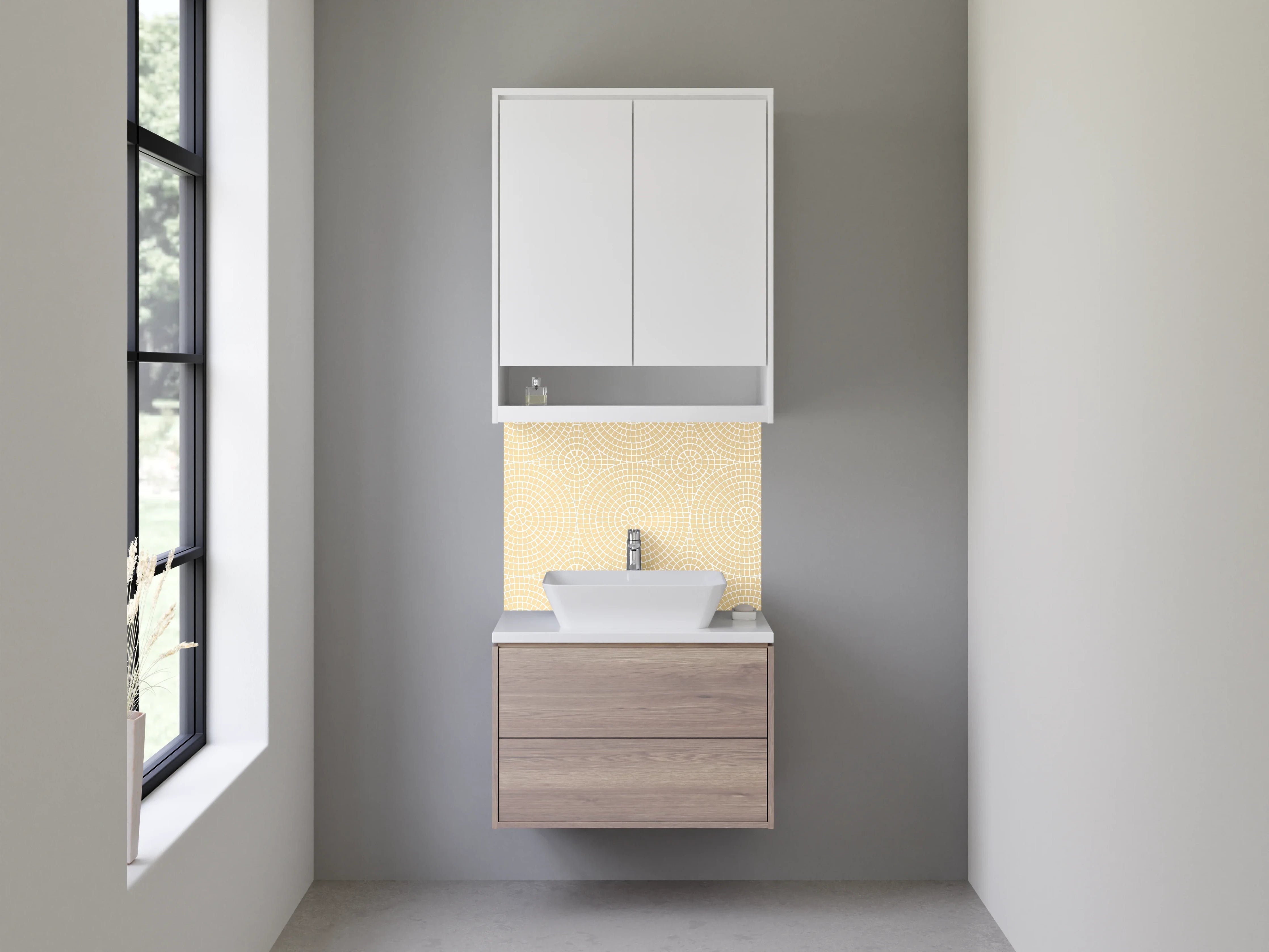 Waschbecken-Rückwand - Beige geometrische Musterwand mit subtiler Textur