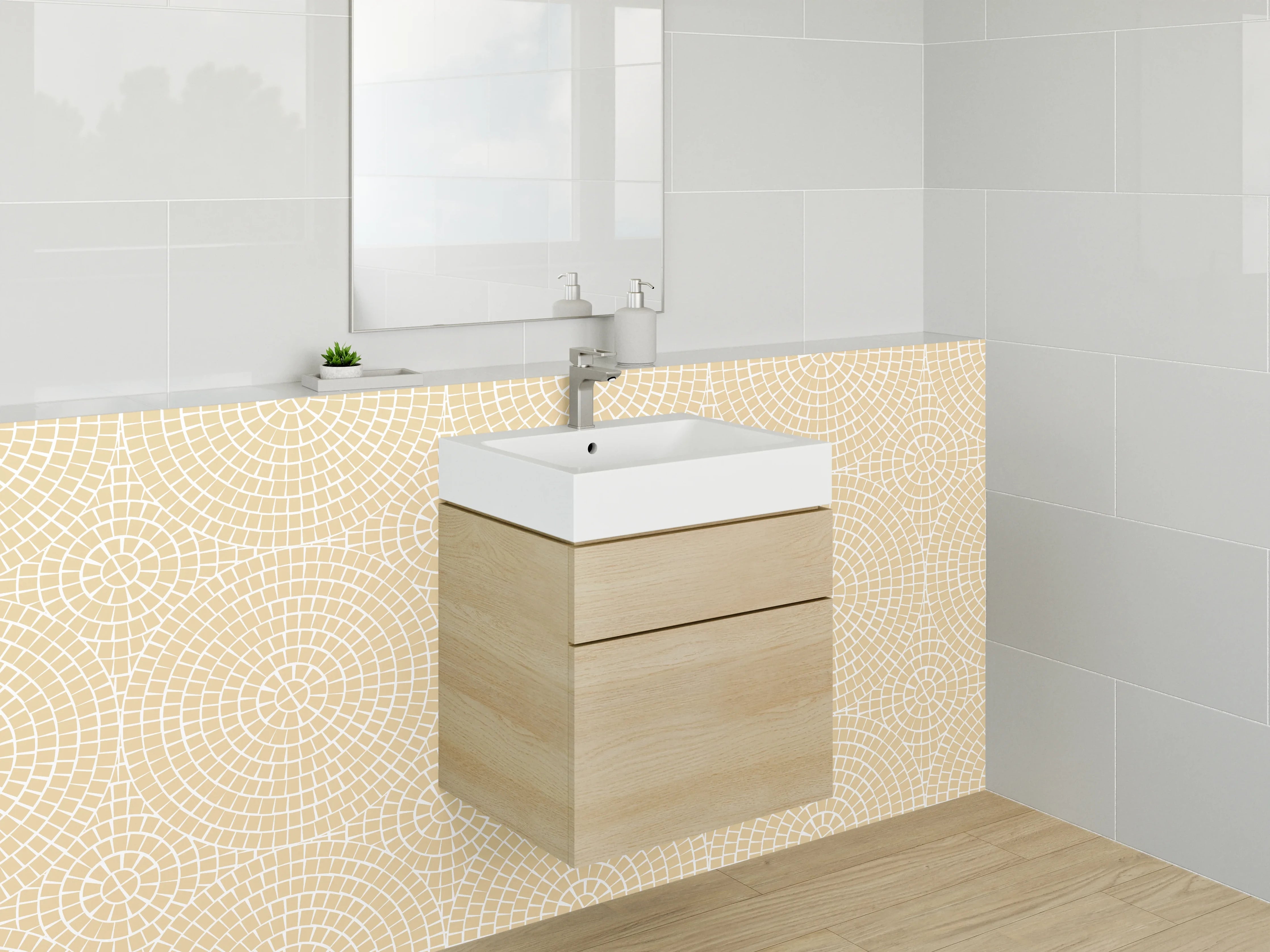 Waschbecken-Rückwand - Beige geometrische Musterwand mit subtiler Textur