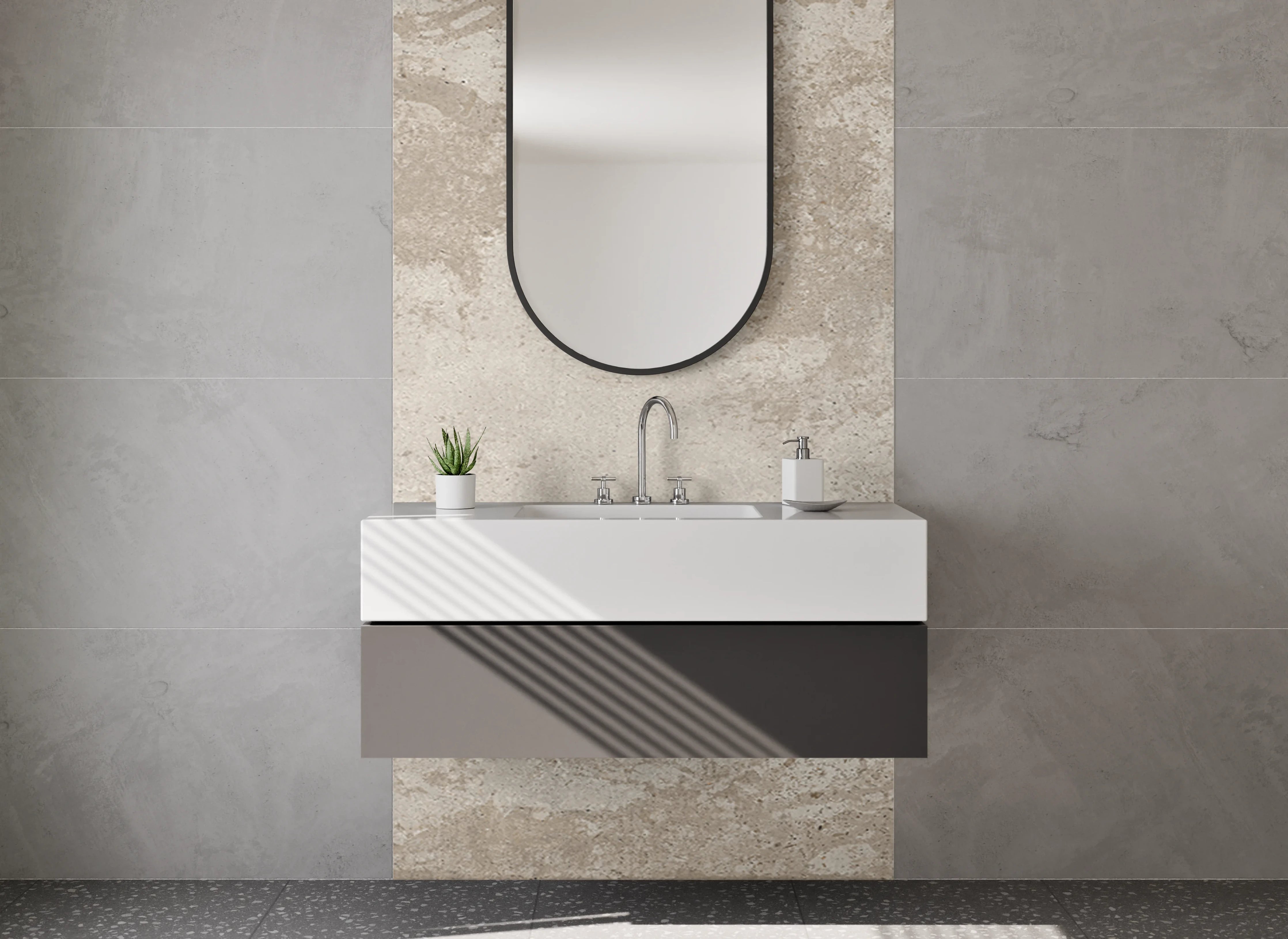 Waschbecken-Rückwand - Beige-graue Betonoptik Wandpaneel