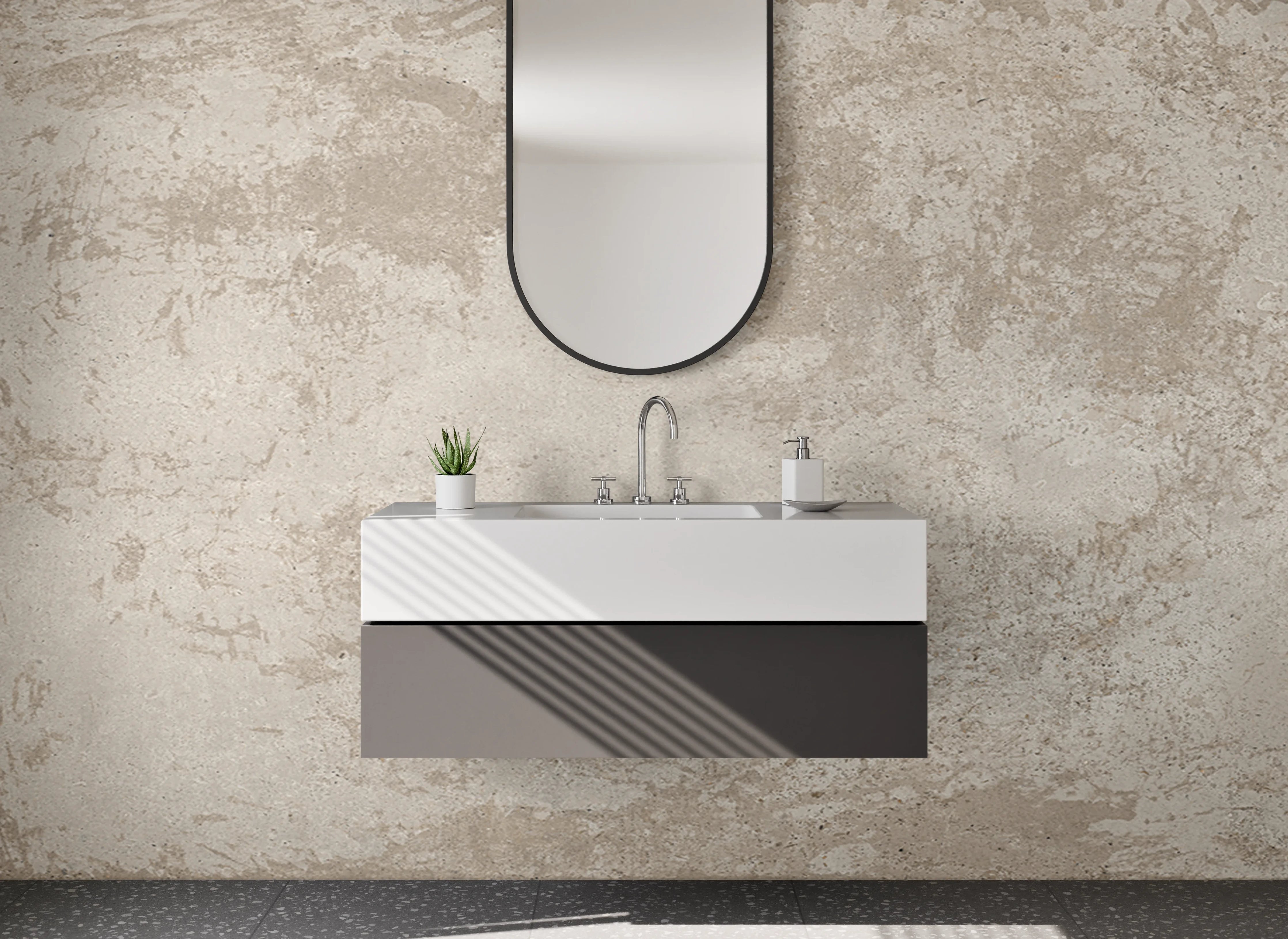 Waschbecken-Rückwand - Beige-graue Betonoptik Wandpaneel