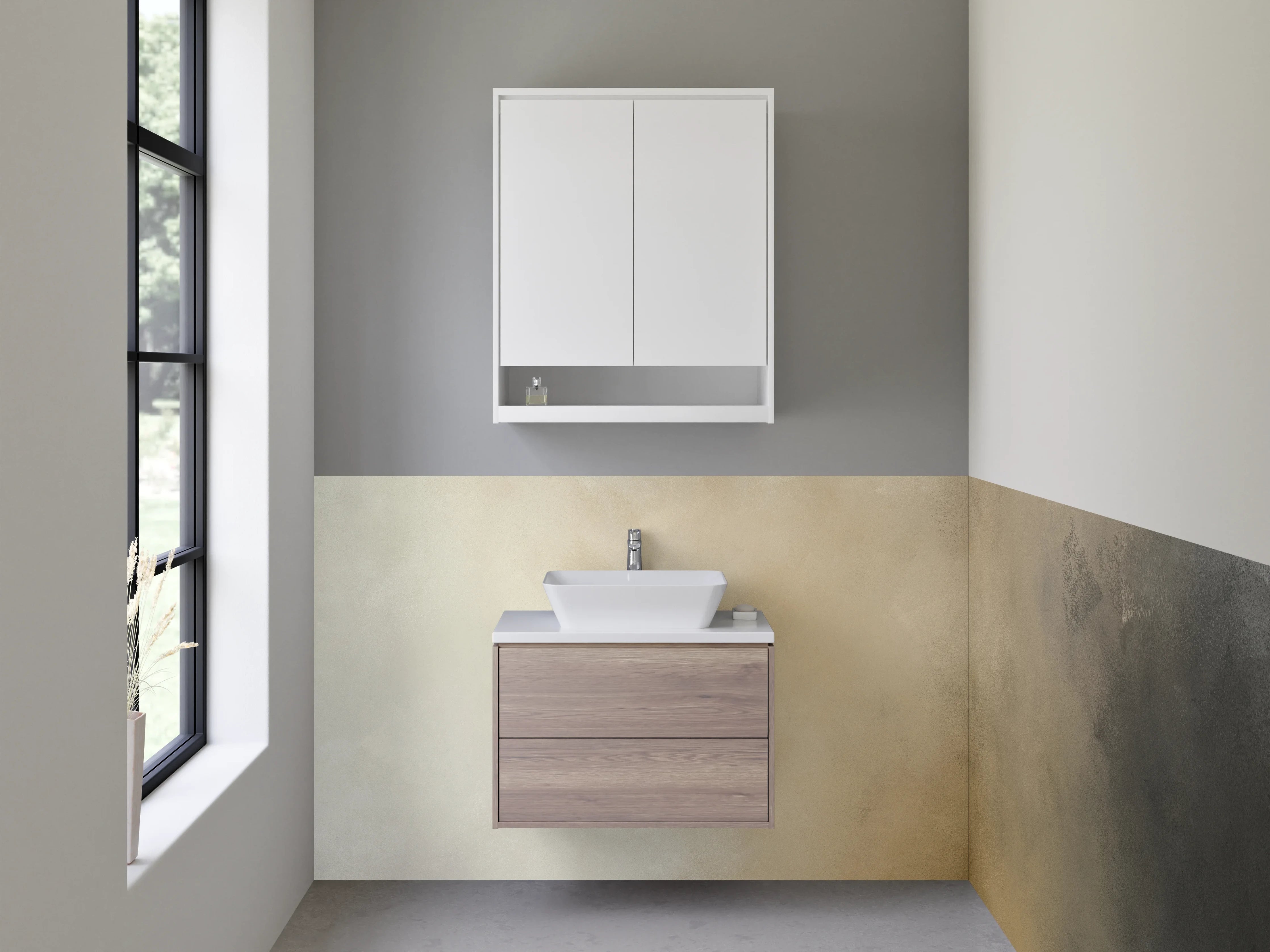 Waschbecken-Rückwand - Beige-graue Farbtextur mit dunklen Akzenten
