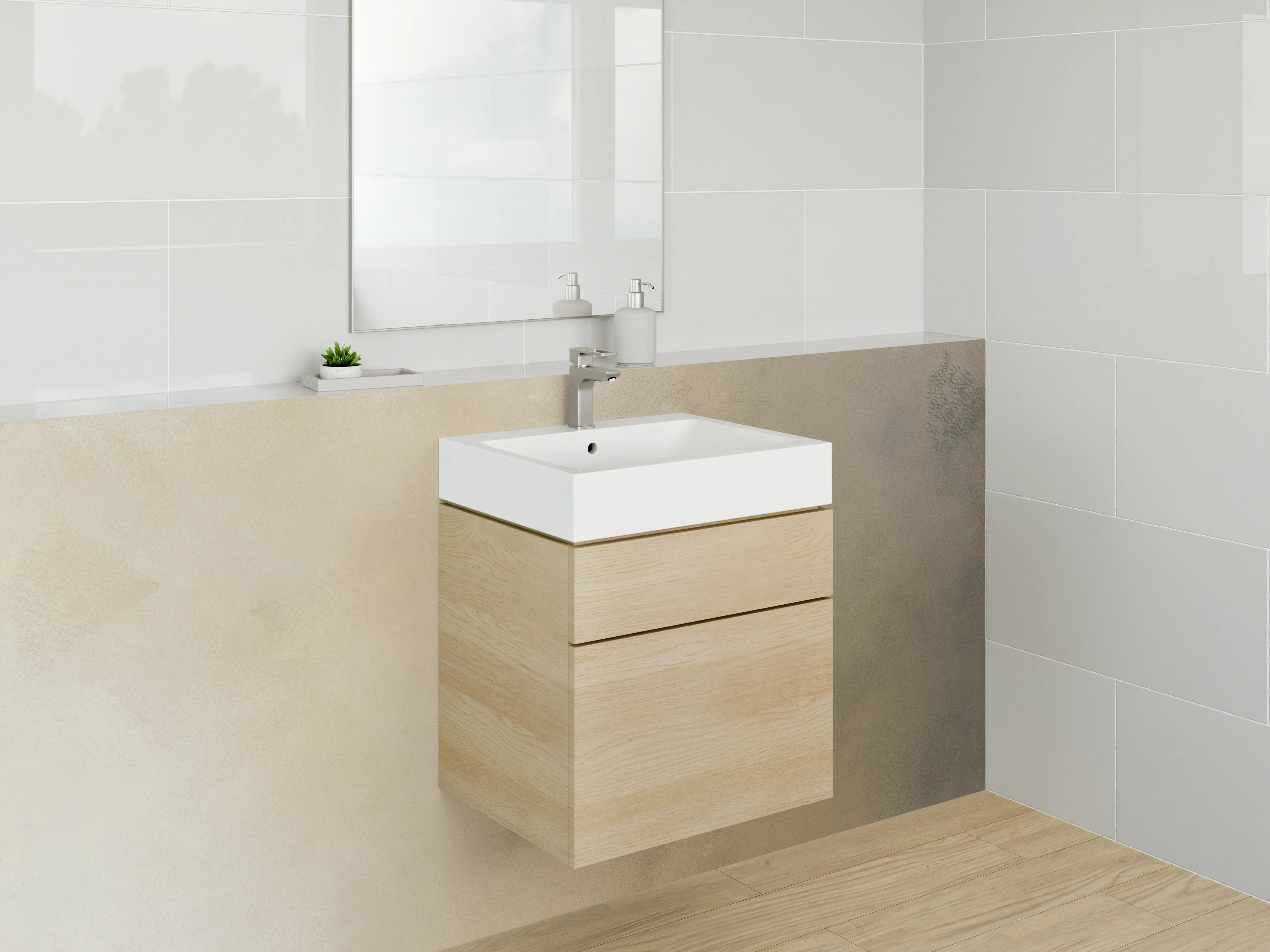 Waschbecken-Rückwand - Beige-graue Farbtextur mit dunklen Akzenten
