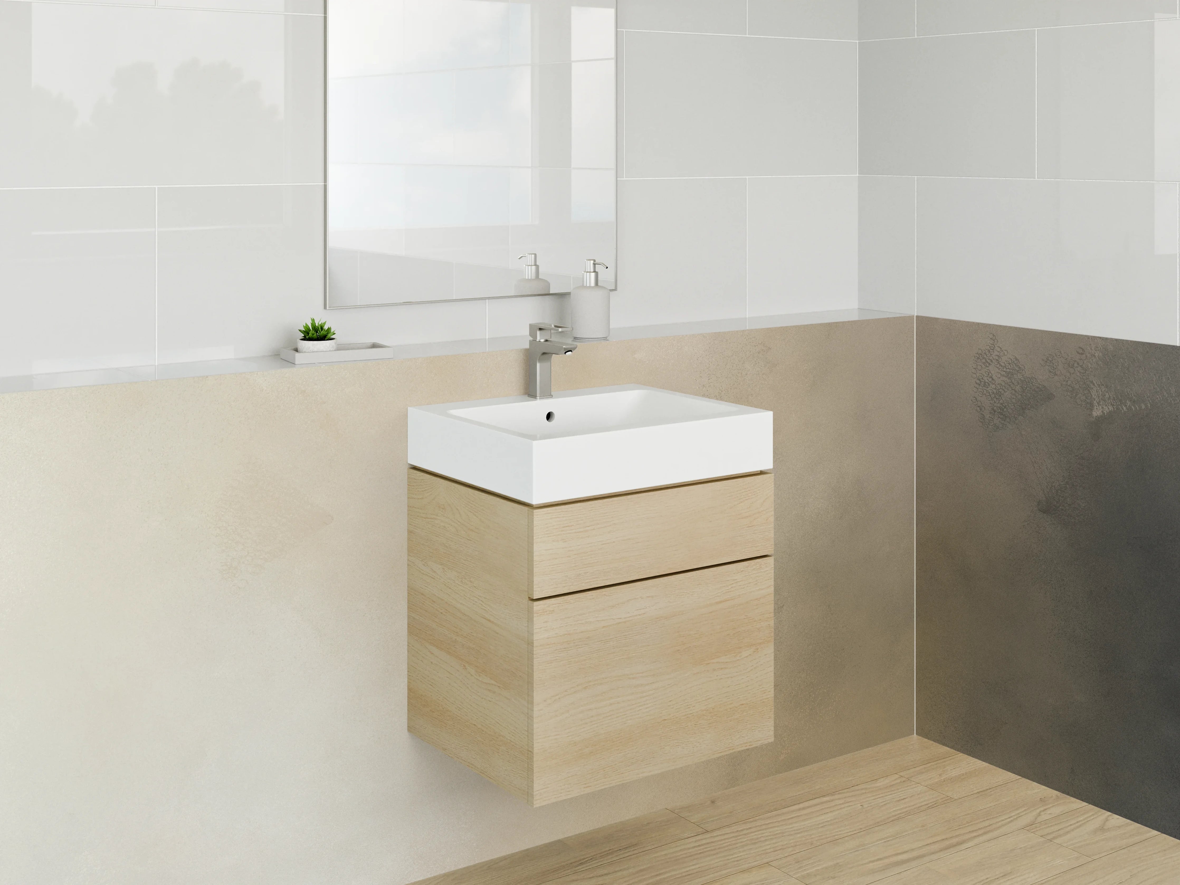 Waschbecken-Rückwand - Beige-graue Farbtextur mit dunklen Akzenten