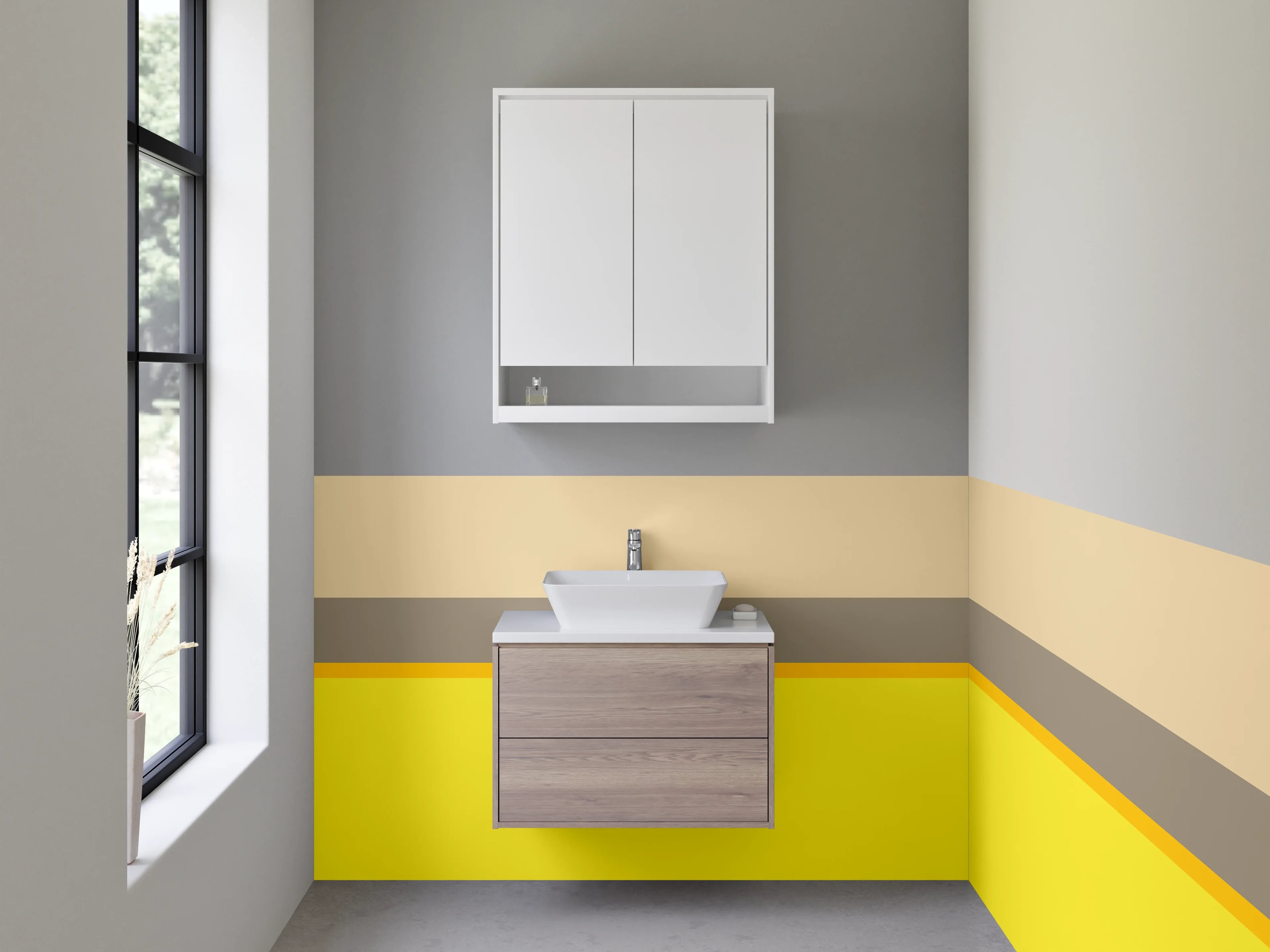 Waschbecken-Rückwand - Beige und Gelbe Farbkombination mit Grautönen