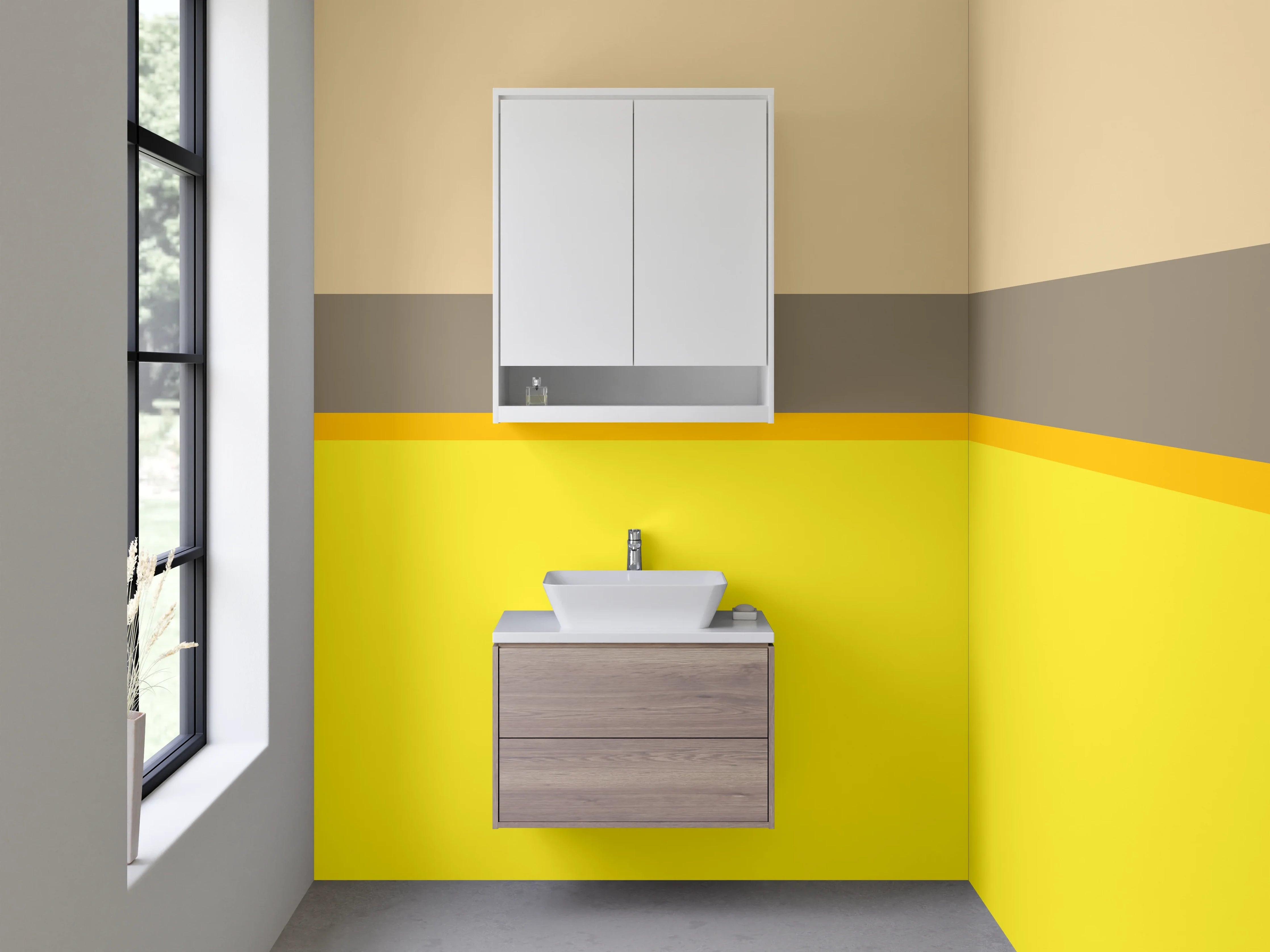 Waschbecken-Rückwand - Beige und Gelbe Farbkombination mit Grautönen