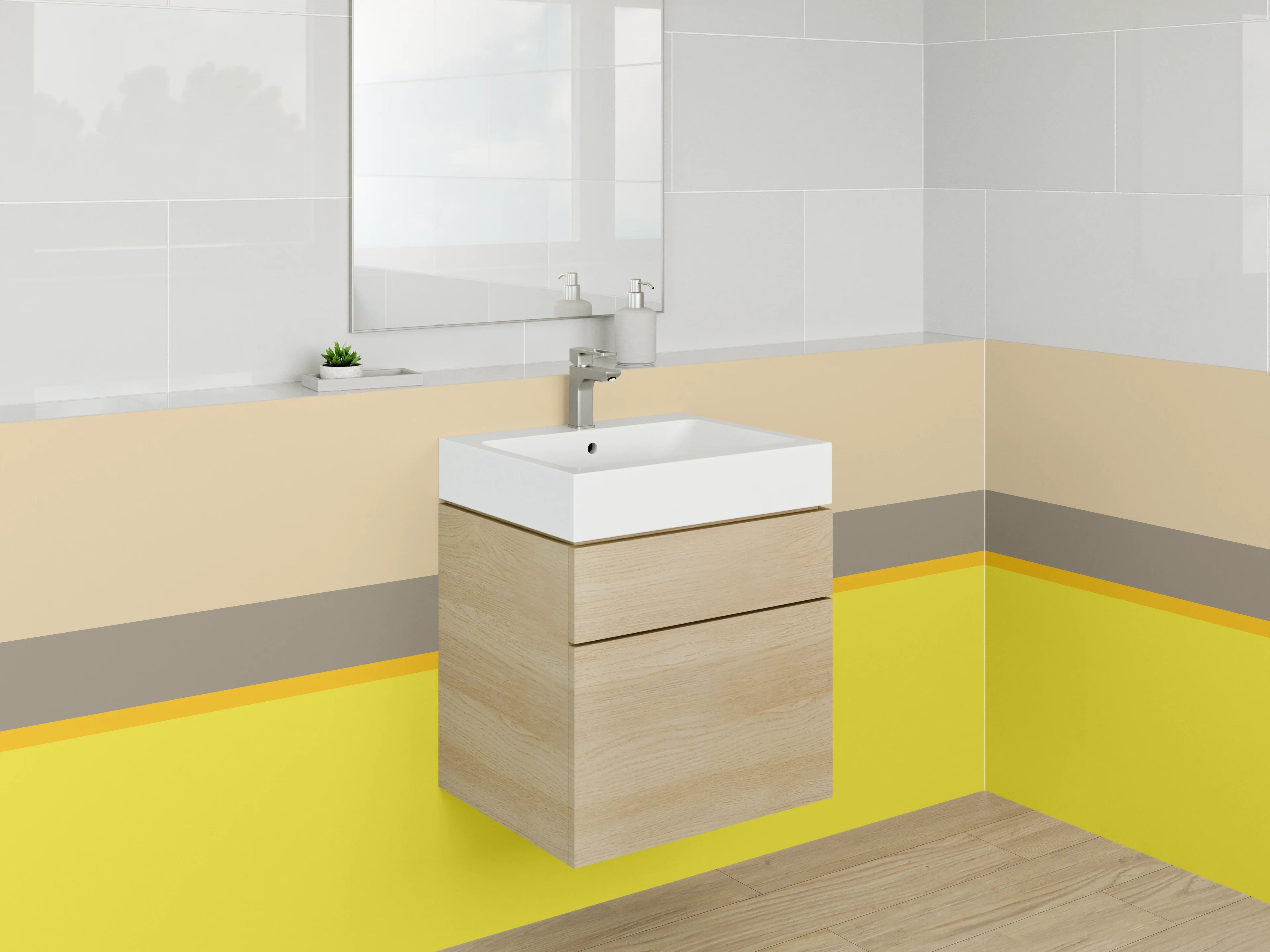 Waschbecken-Rückwand - Beige und Gelbe Farbkombination mit Grautönen