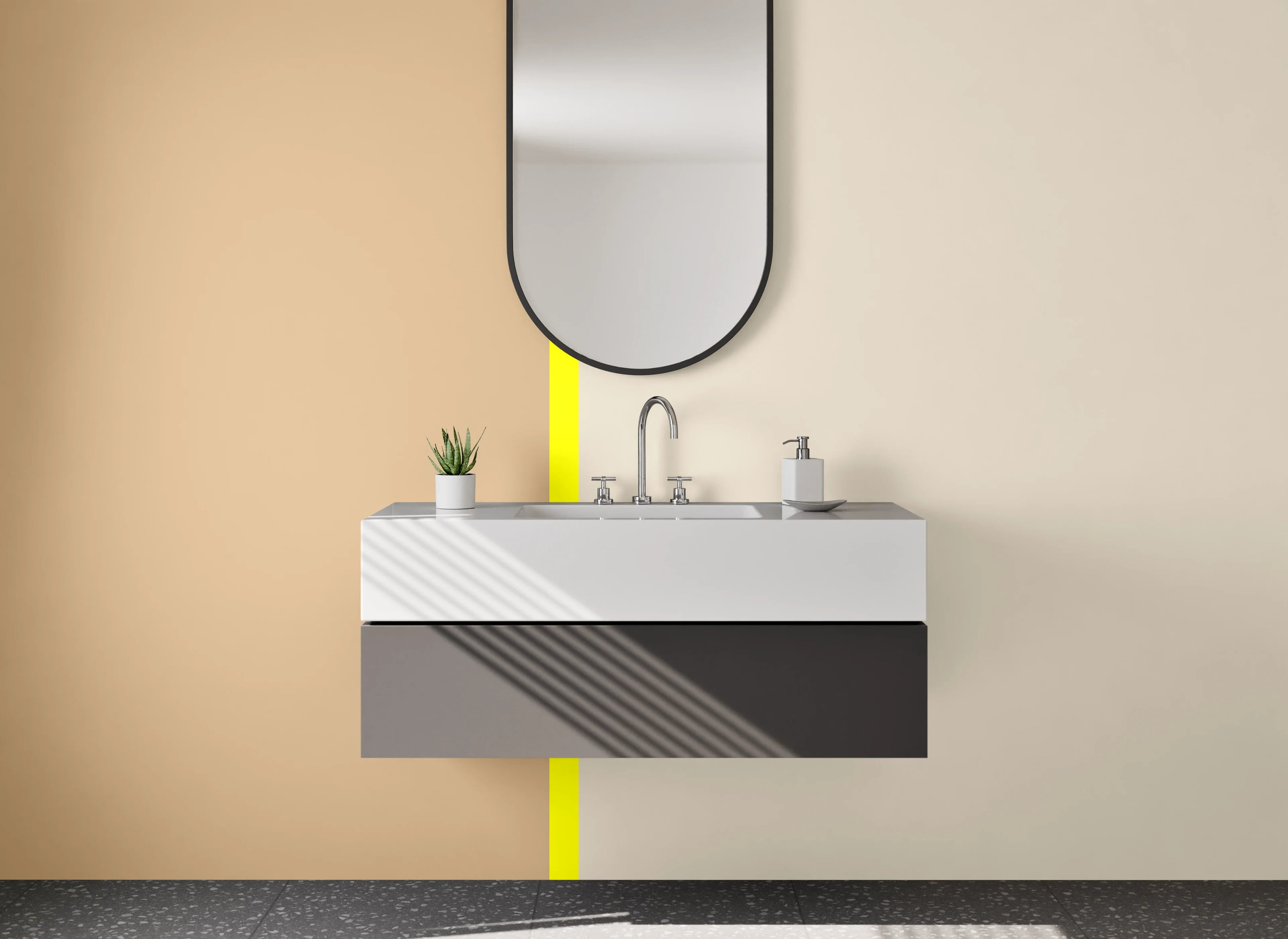 Waschbecken-Rückwand - Beige und Hellgraue Farbpalette mit gelber Trennlinie