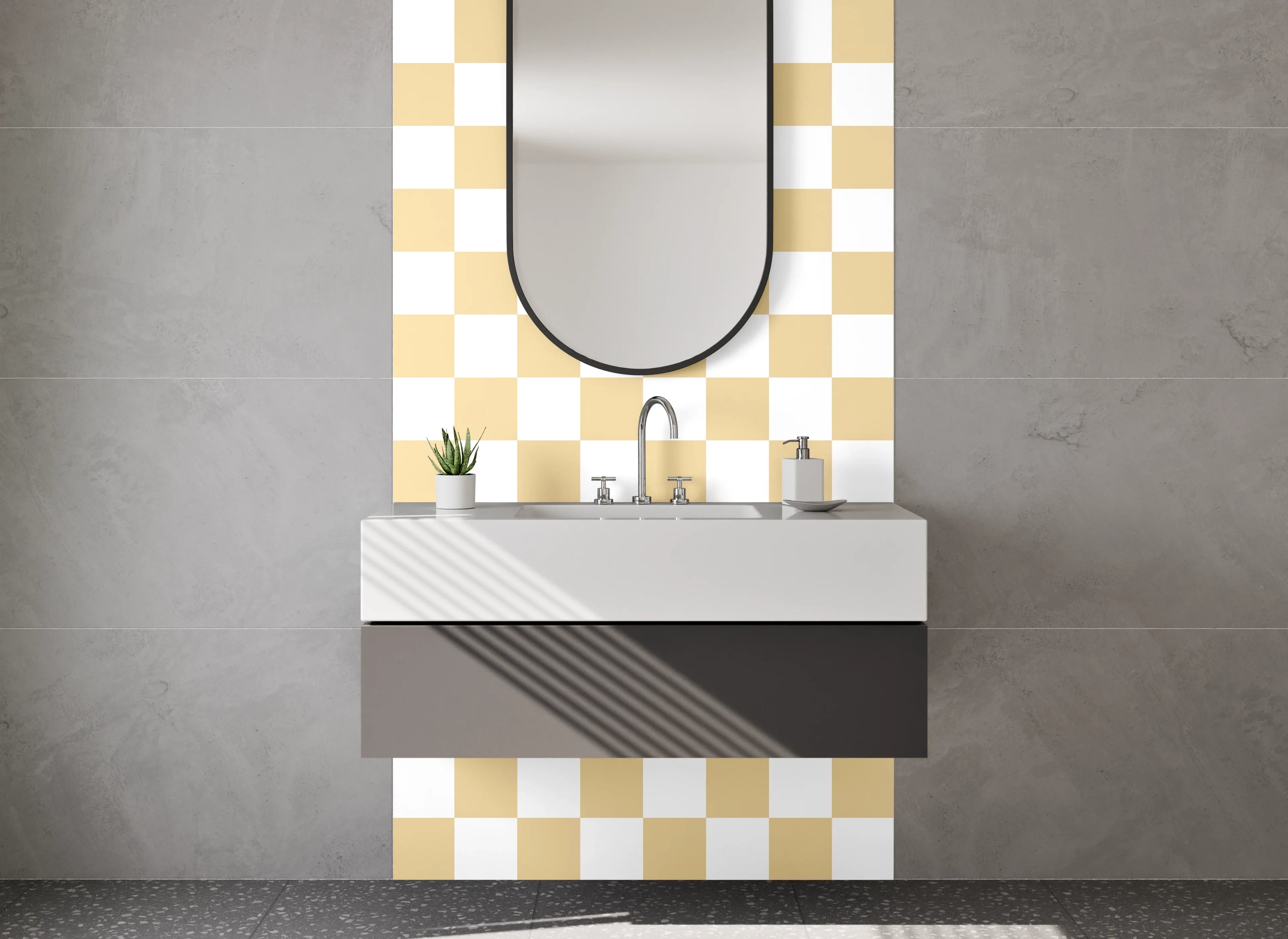 Waschbecken-Rückwand - Beige-weiß kariertes Fliesenmuster