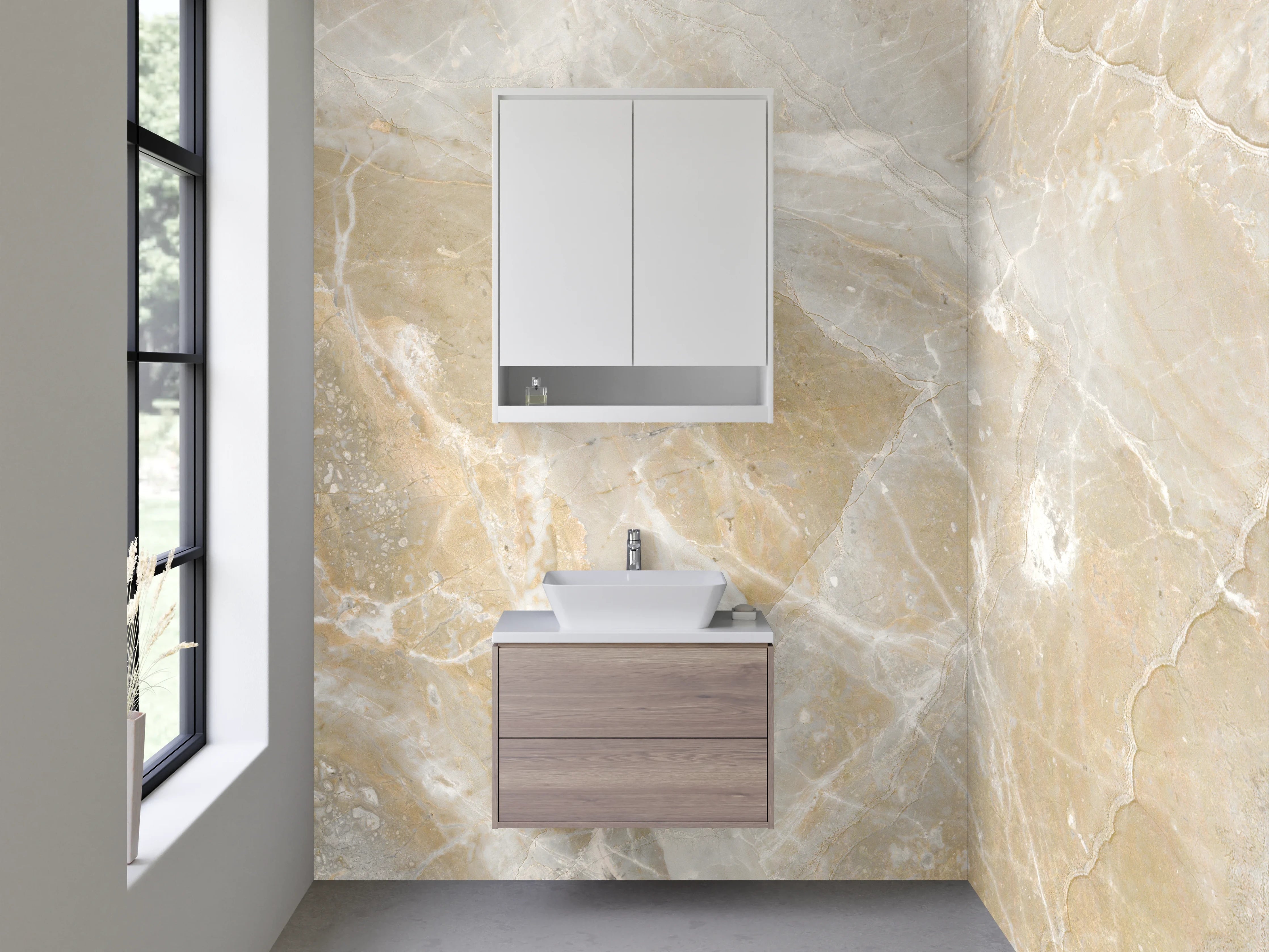 Waschbecken-Rückwand - Beige-weißer Marmor Look