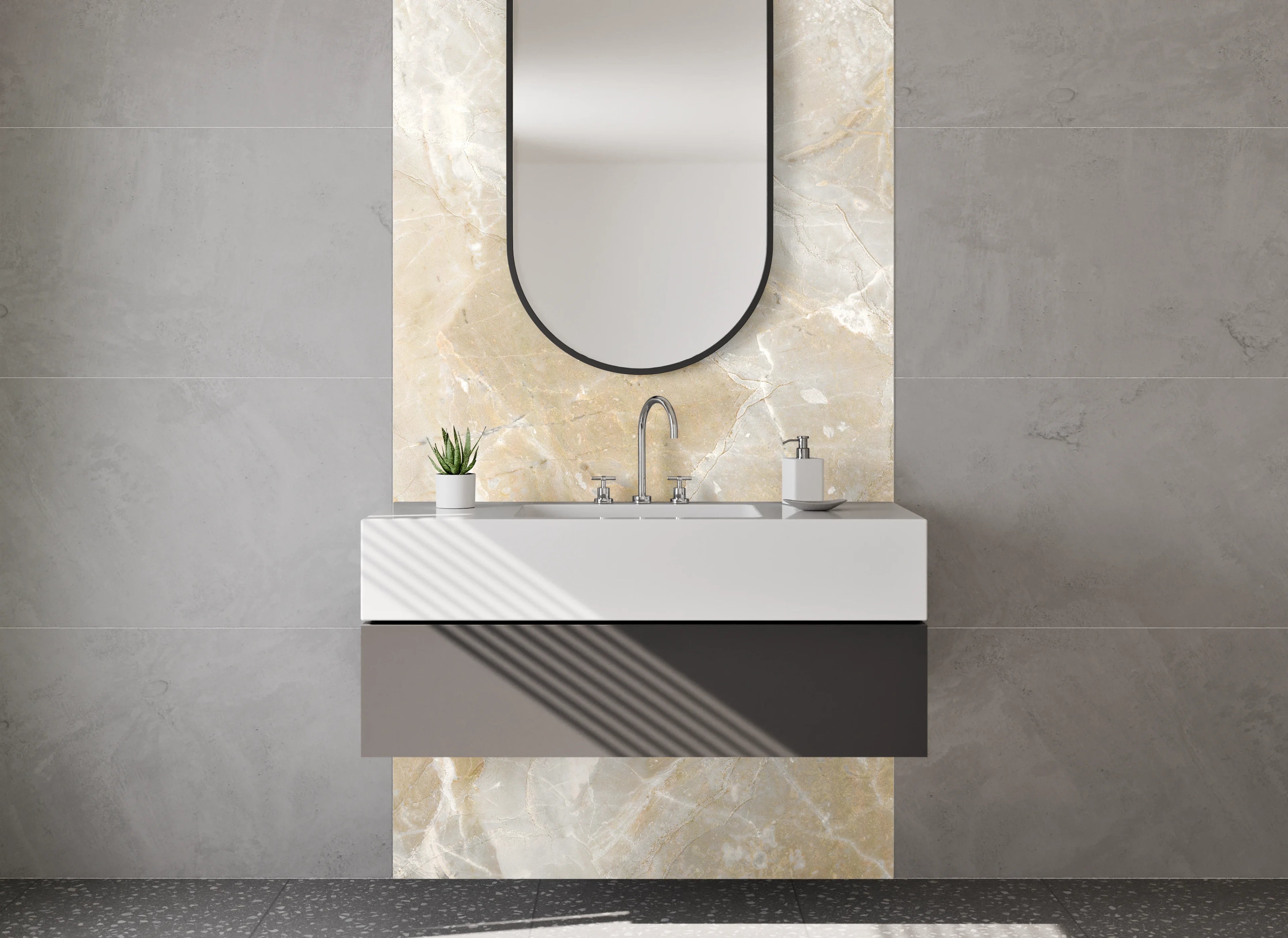 Waschbecken-Rückwand - Beige-weißer Marmor Look