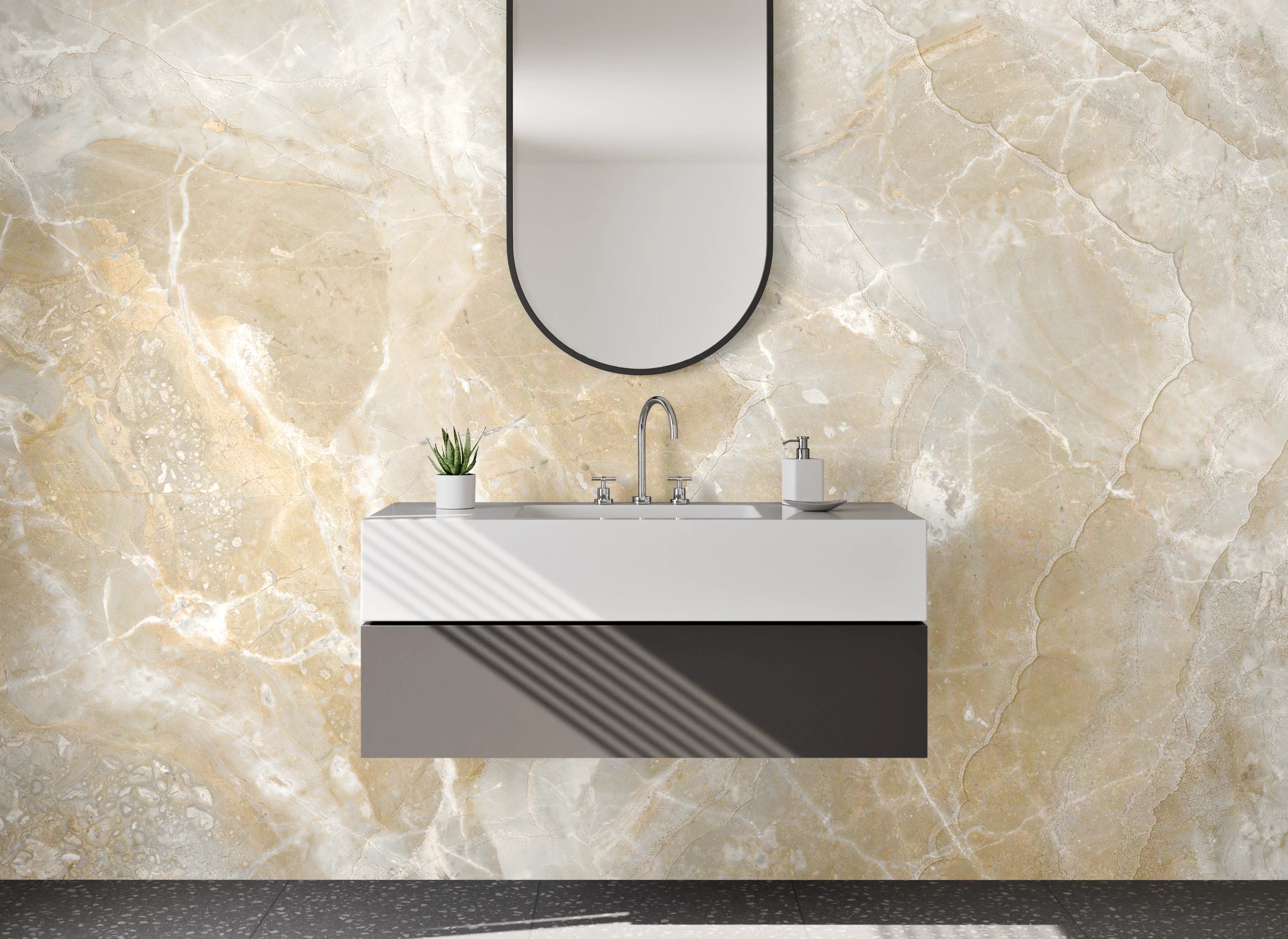 Waschbecken-Rückwand - Beige-weißer Marmor Look