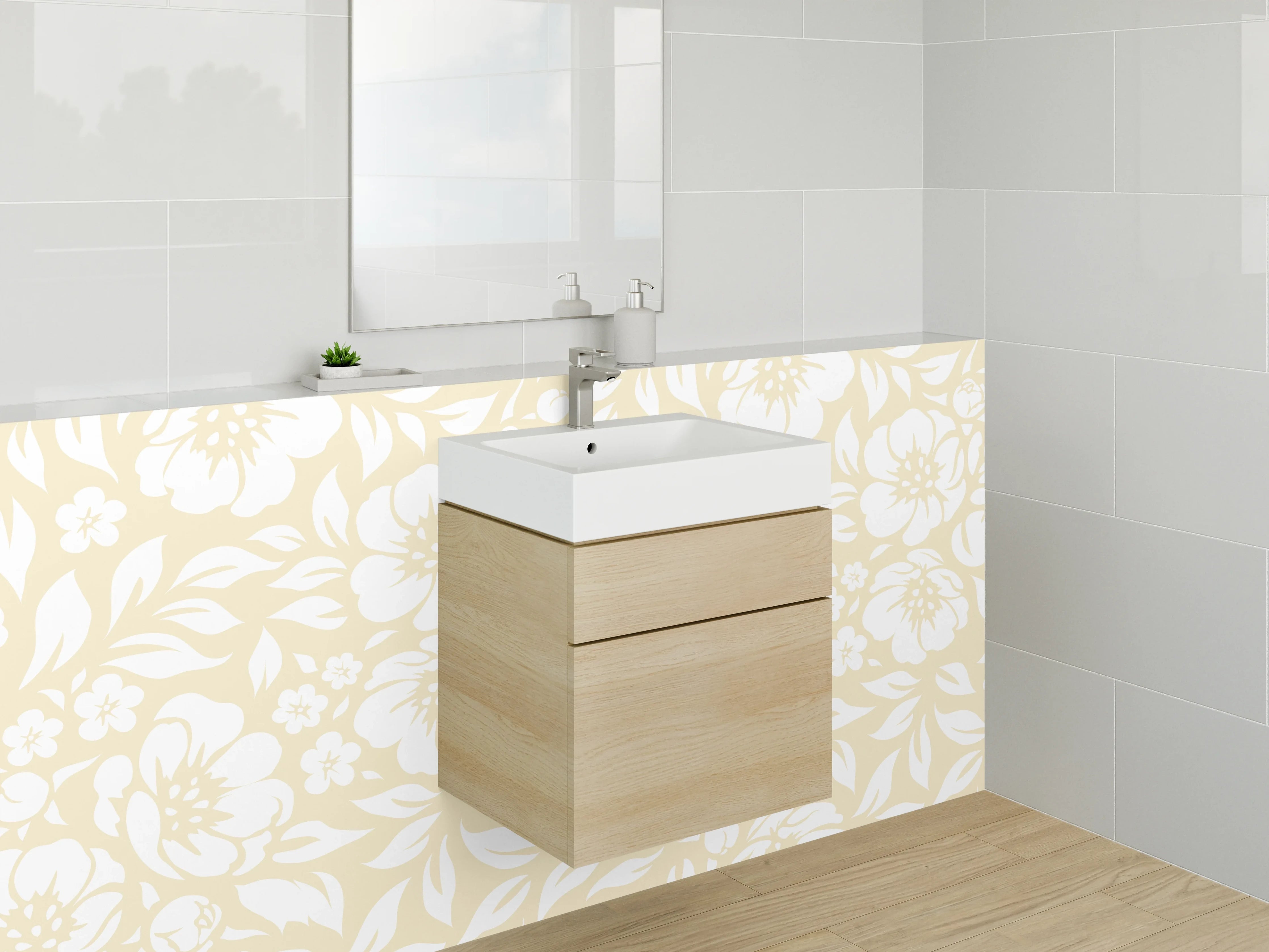 Waschbecken-Rückwand - Beige-weißes Floral-Muster