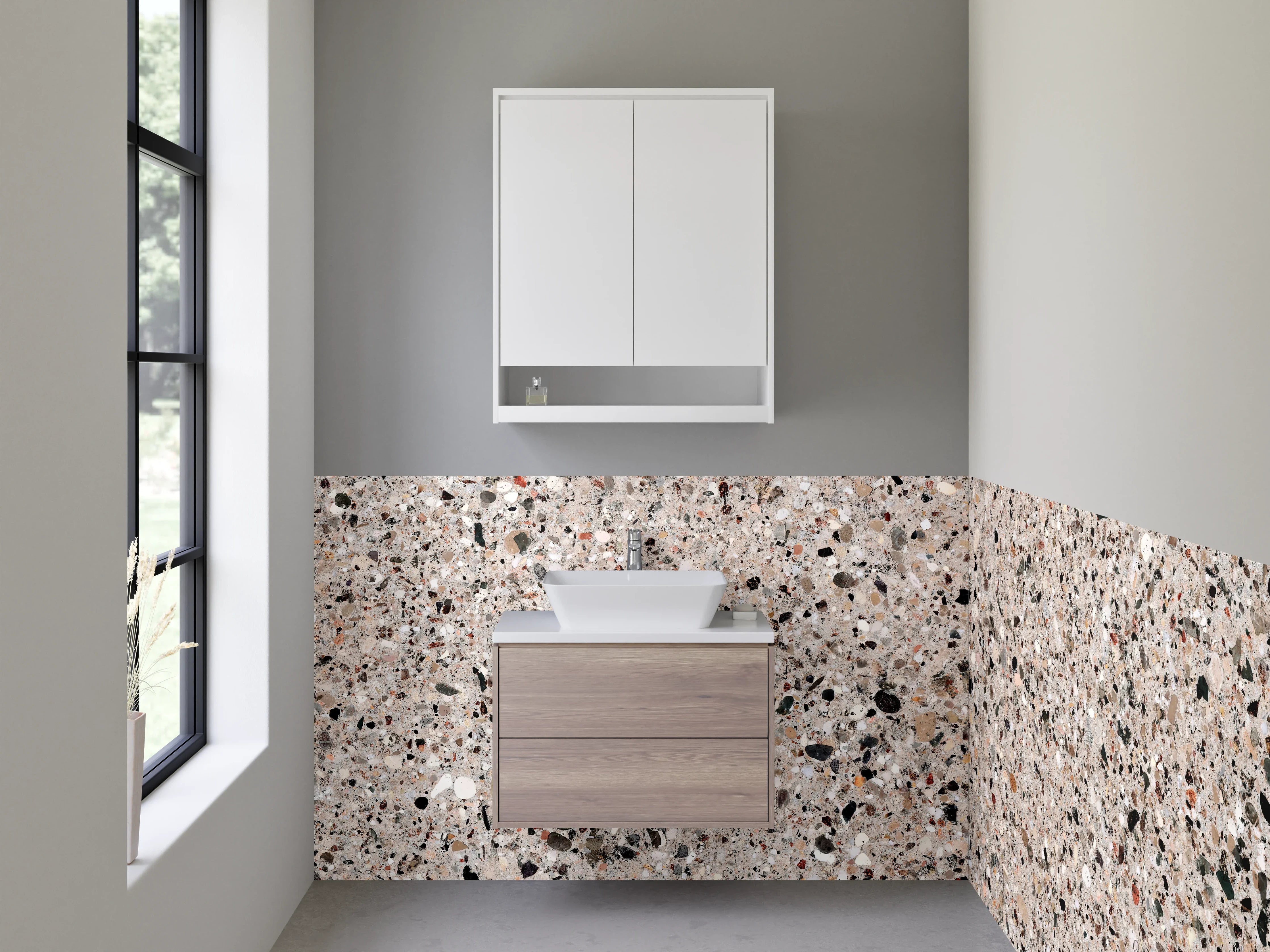 Waschbecken-Rückwand - Beigenoter Granitboden