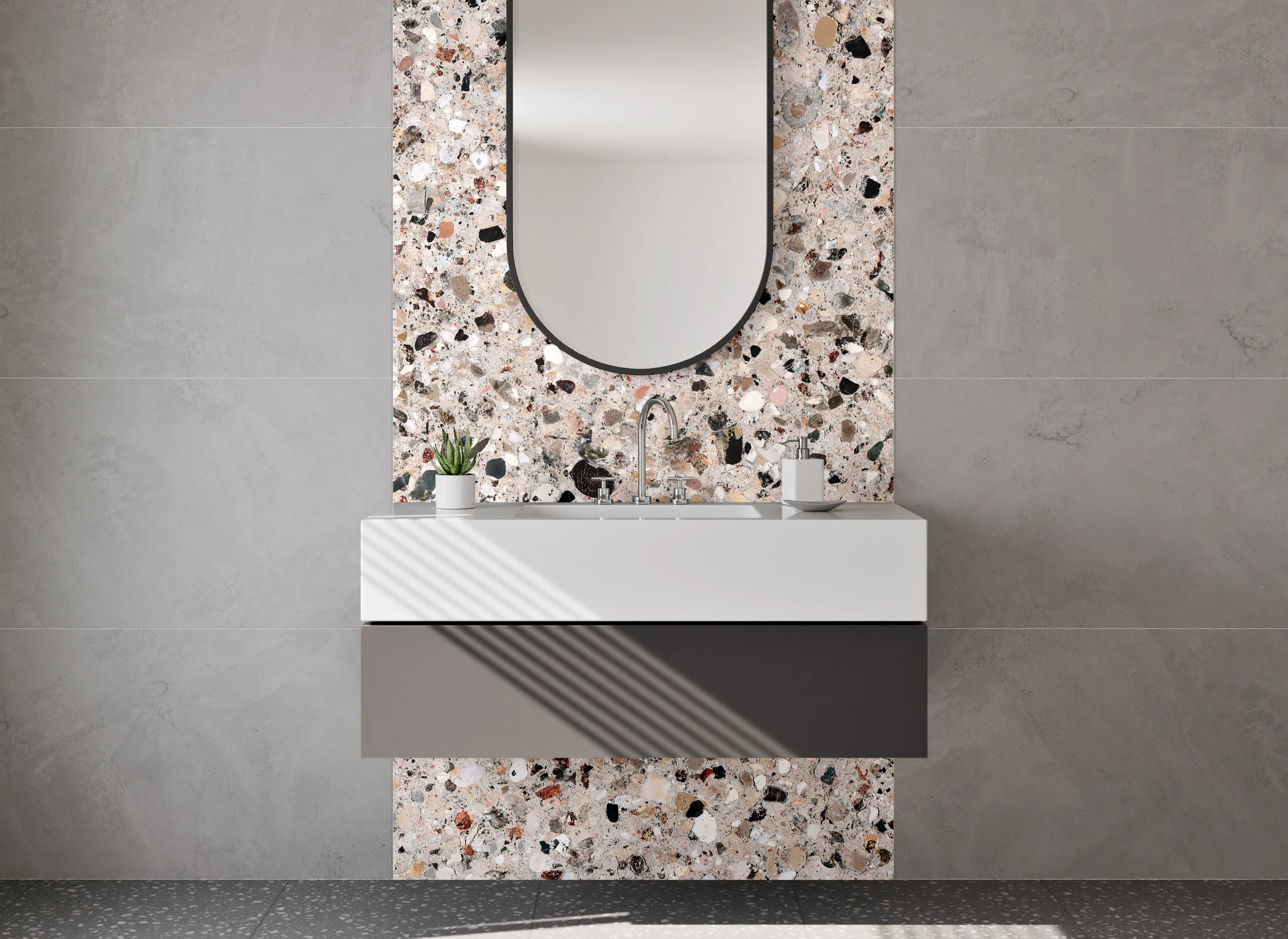 Waschbecken-Rückwand - Beigenoter Granitboden