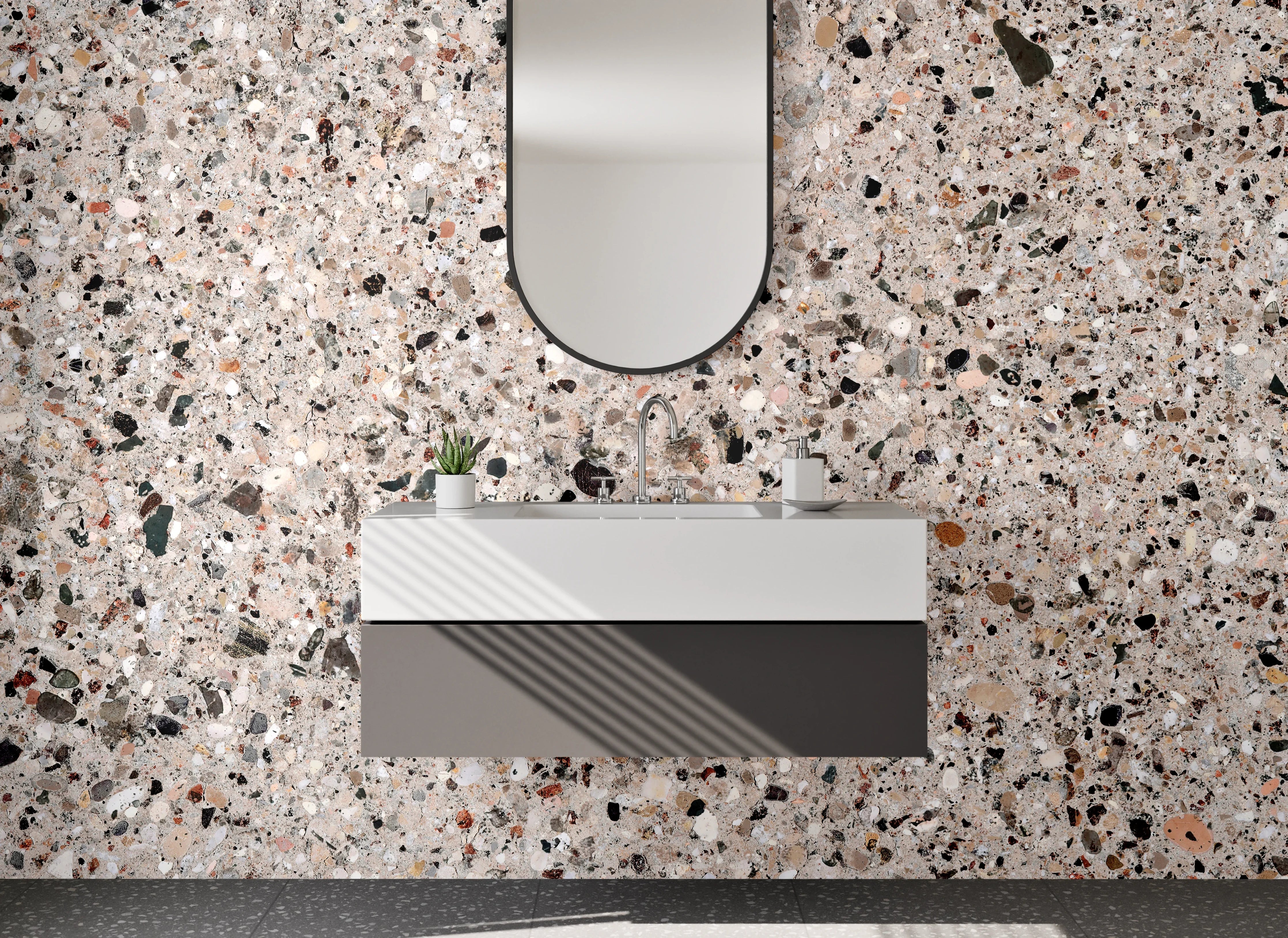 Waschbecken-Rückwand - Beigenoter Granitboden