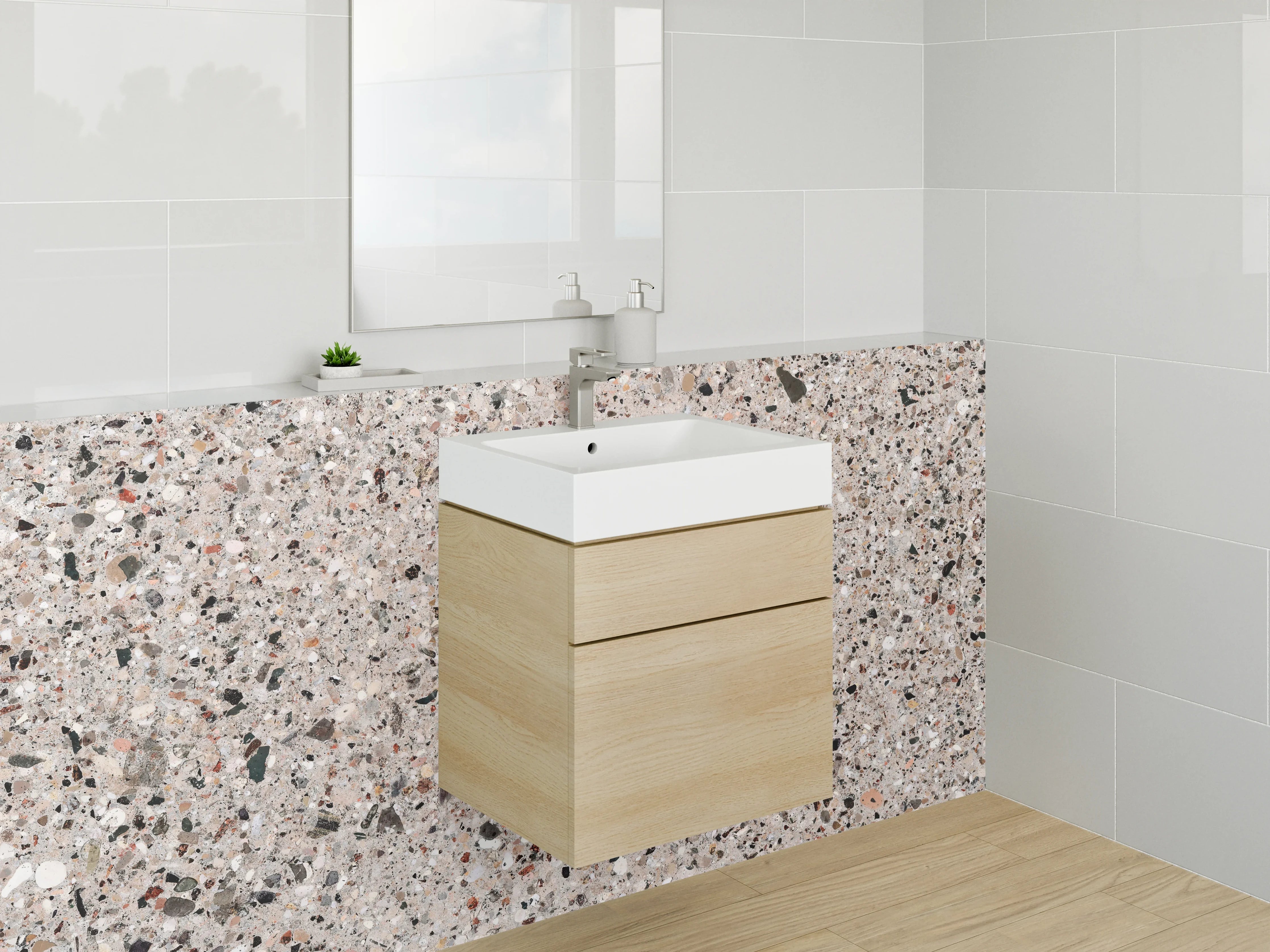 Waschbecken-Rückwand - Beigenoter Granitboden