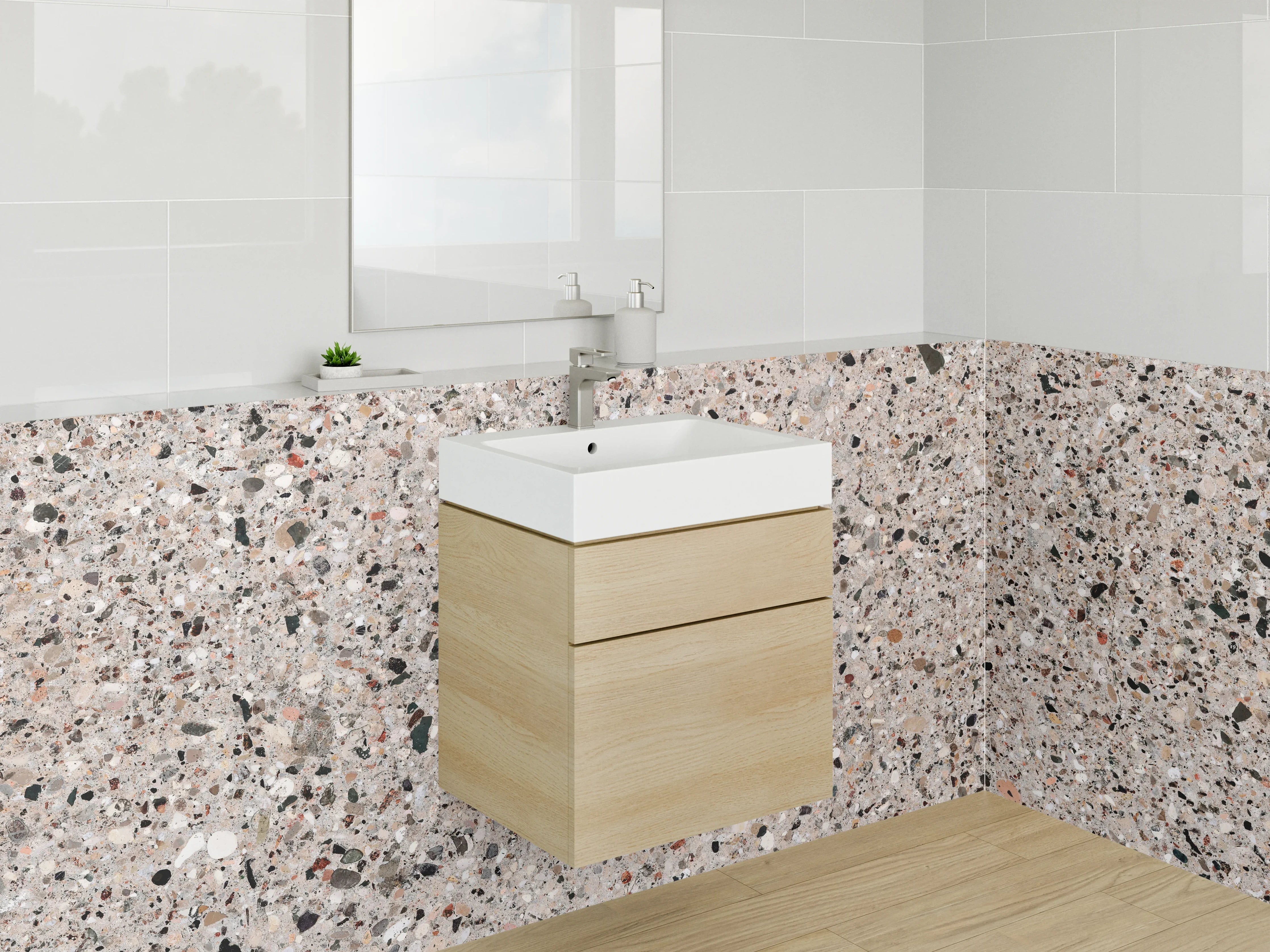 Waschbecken-Rückwand - Beigenoter Granitboden