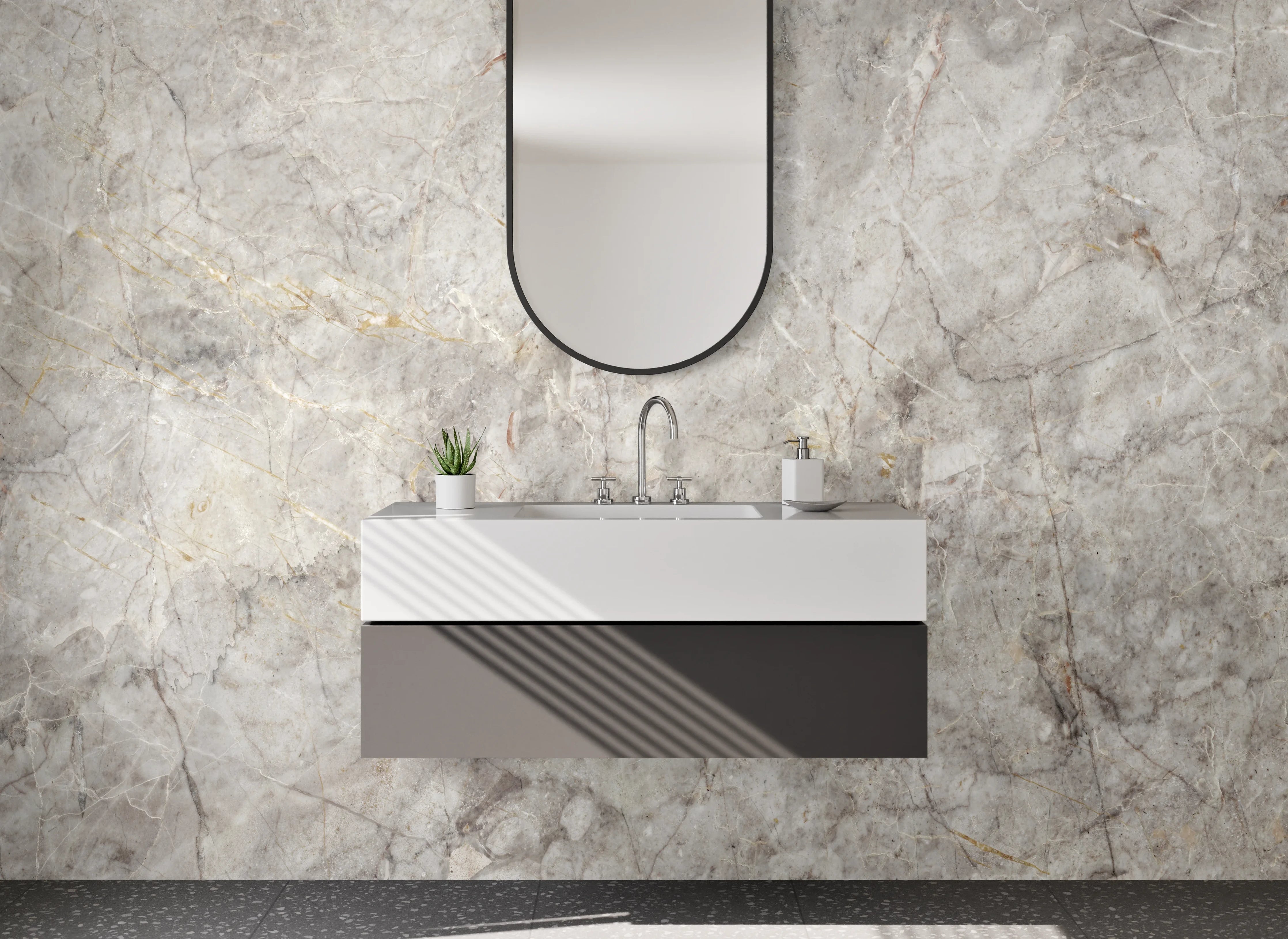 Waschbecken-Rückwand - Beiger Marmor-Textur mit grauer Struktur