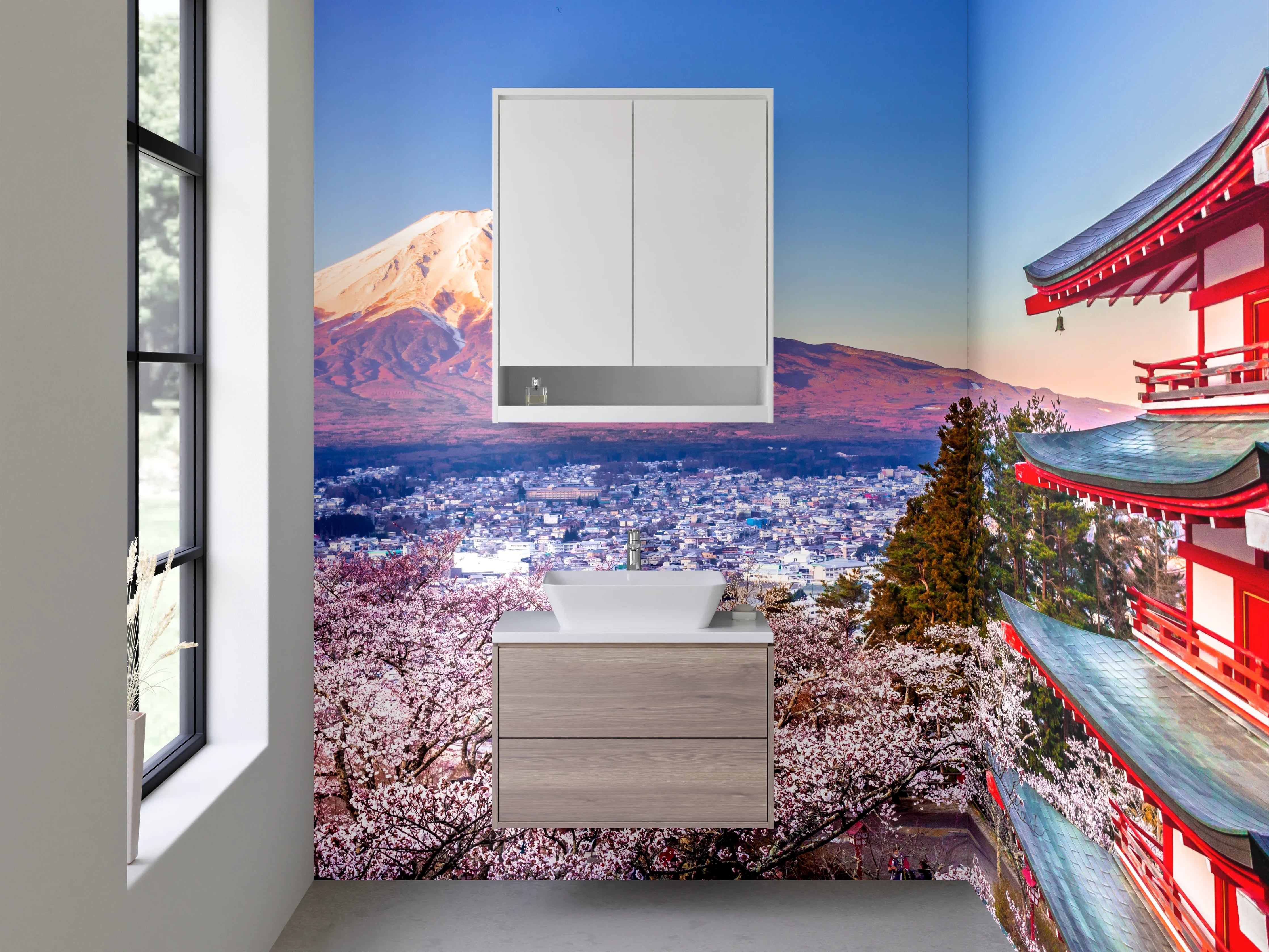 Waschbecken-Rückwand - Berg Fuji mit Tempel und Kirschblüten