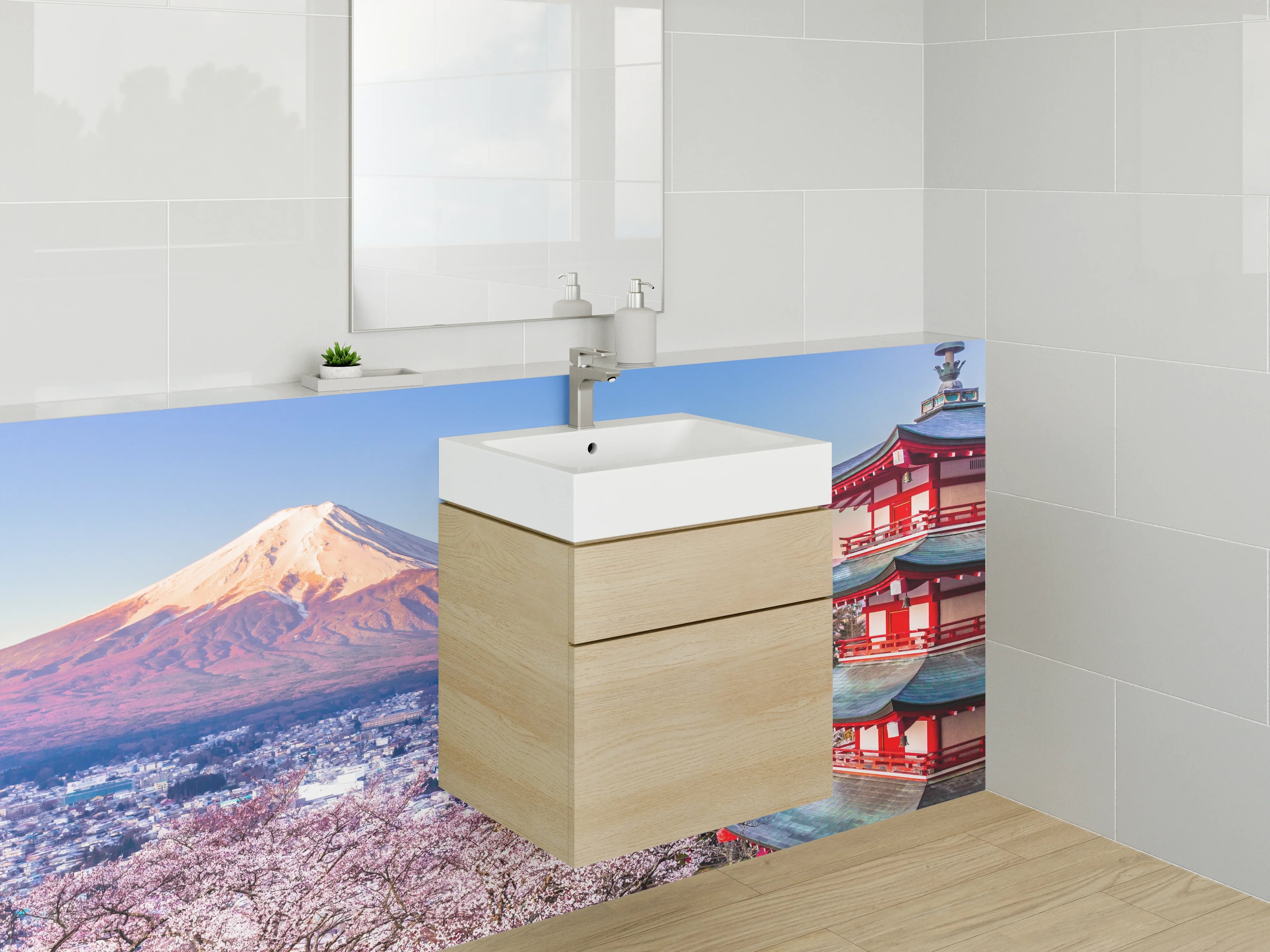 Waschbecken-Rückwand - Berg Fuji mit Tempel und Kirschblüten